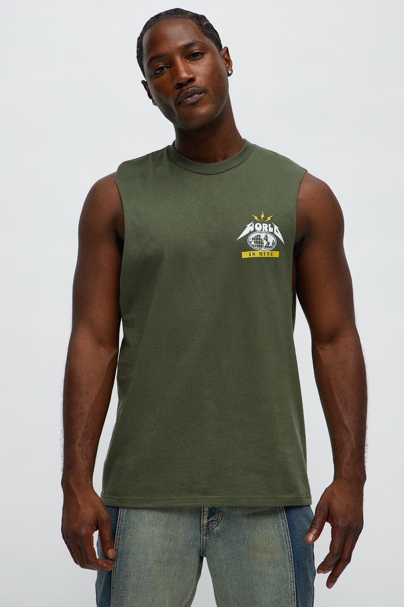 World Is Mine Muscle Tee - Military Green Male Product Image