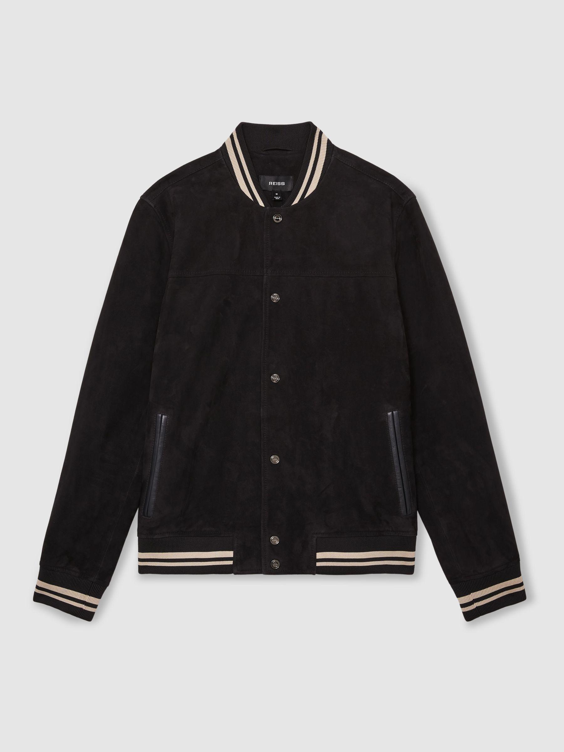 Suede Stripe-Trim Bomber Jacket in Navy Product Image