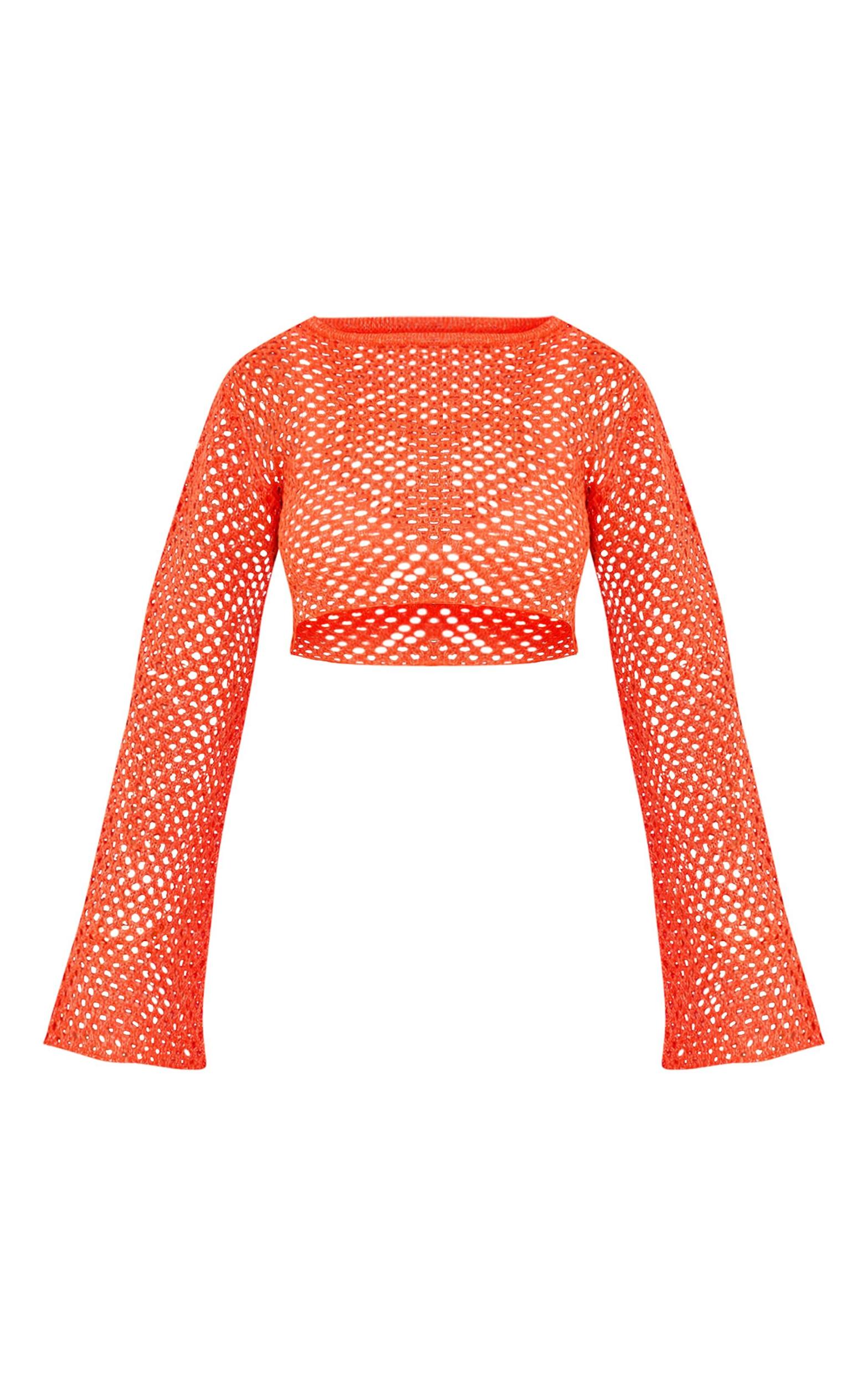 Coral Open Crochet Glitter Flared Sleeve Crop Top Product Image