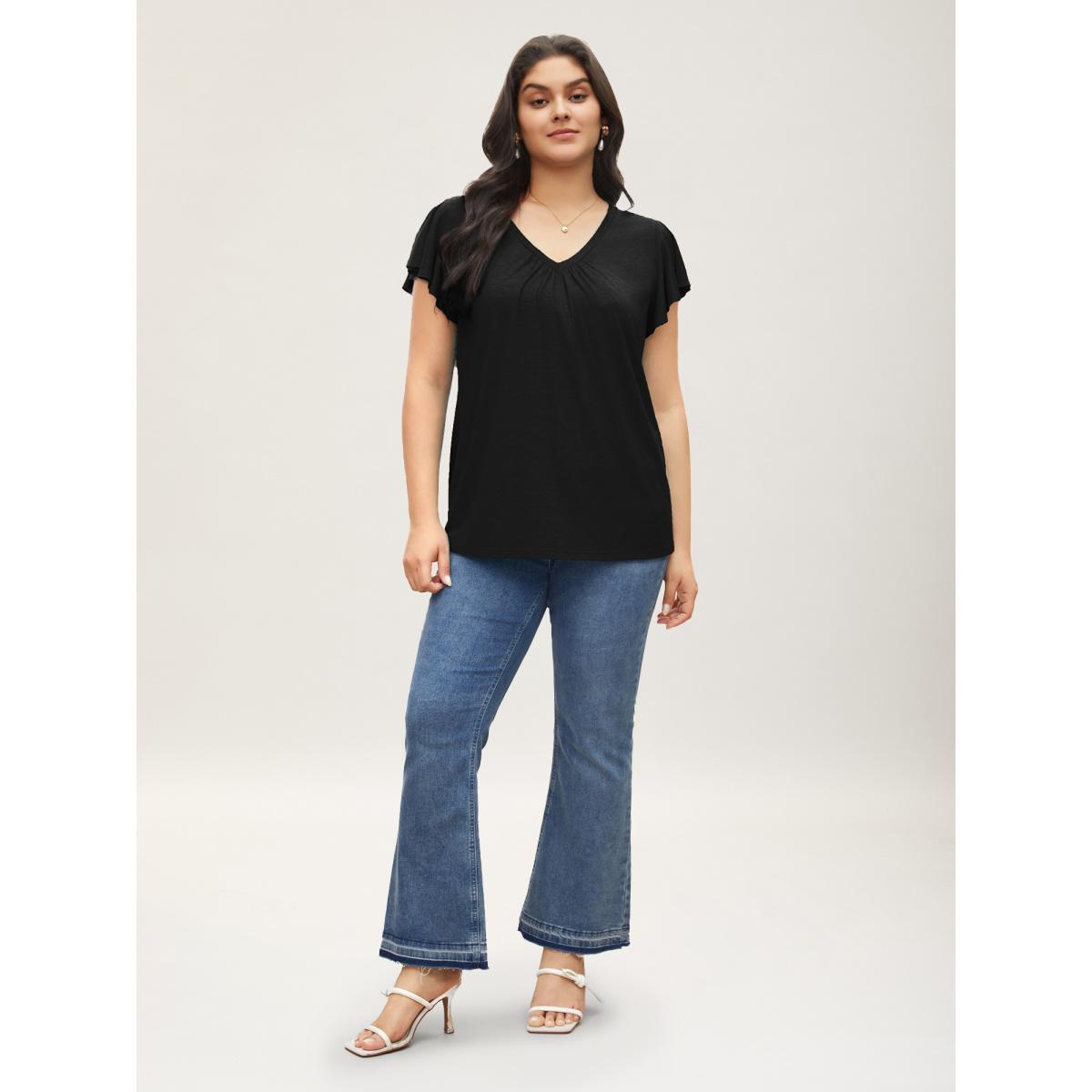 Plus Size Solid Heather Gathered Ruffle Sleeve T-shirt Black Women Timeless Non V-neck Elegant T-shirts BloomChic 22-24/3X Product Image