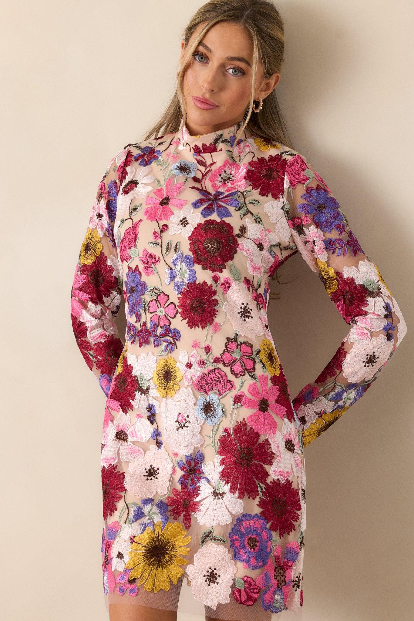 Petals Of Time Fuchsia Multi Floral Mini Dress Product Image