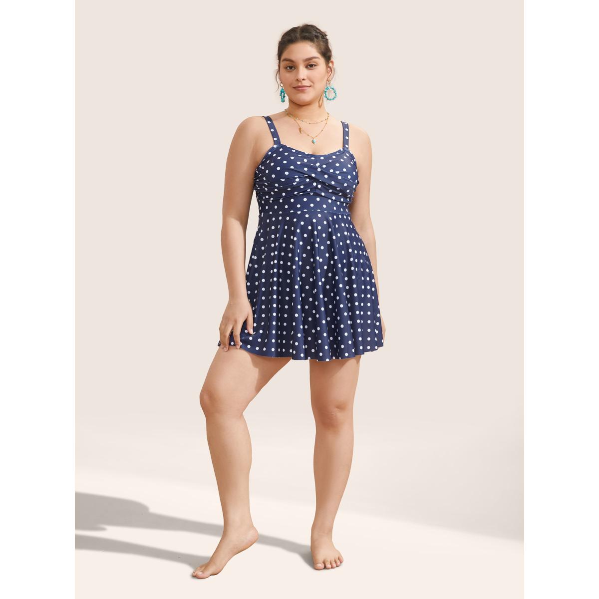 Plus Size Polka Dot Ruched Fit Flare Swim Dress Women's Swimwear Indigo Beach Bodycon Strapless High stretch Curve Swim Dresses BloomChic 12/L Product Image