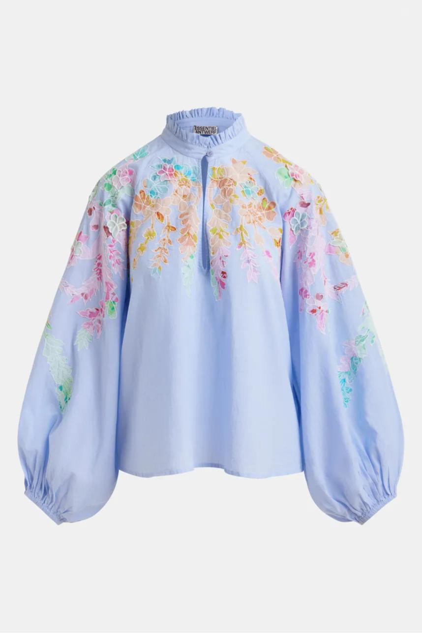 Light blue cotton top with floral embroidery and mandarin collar Product Image