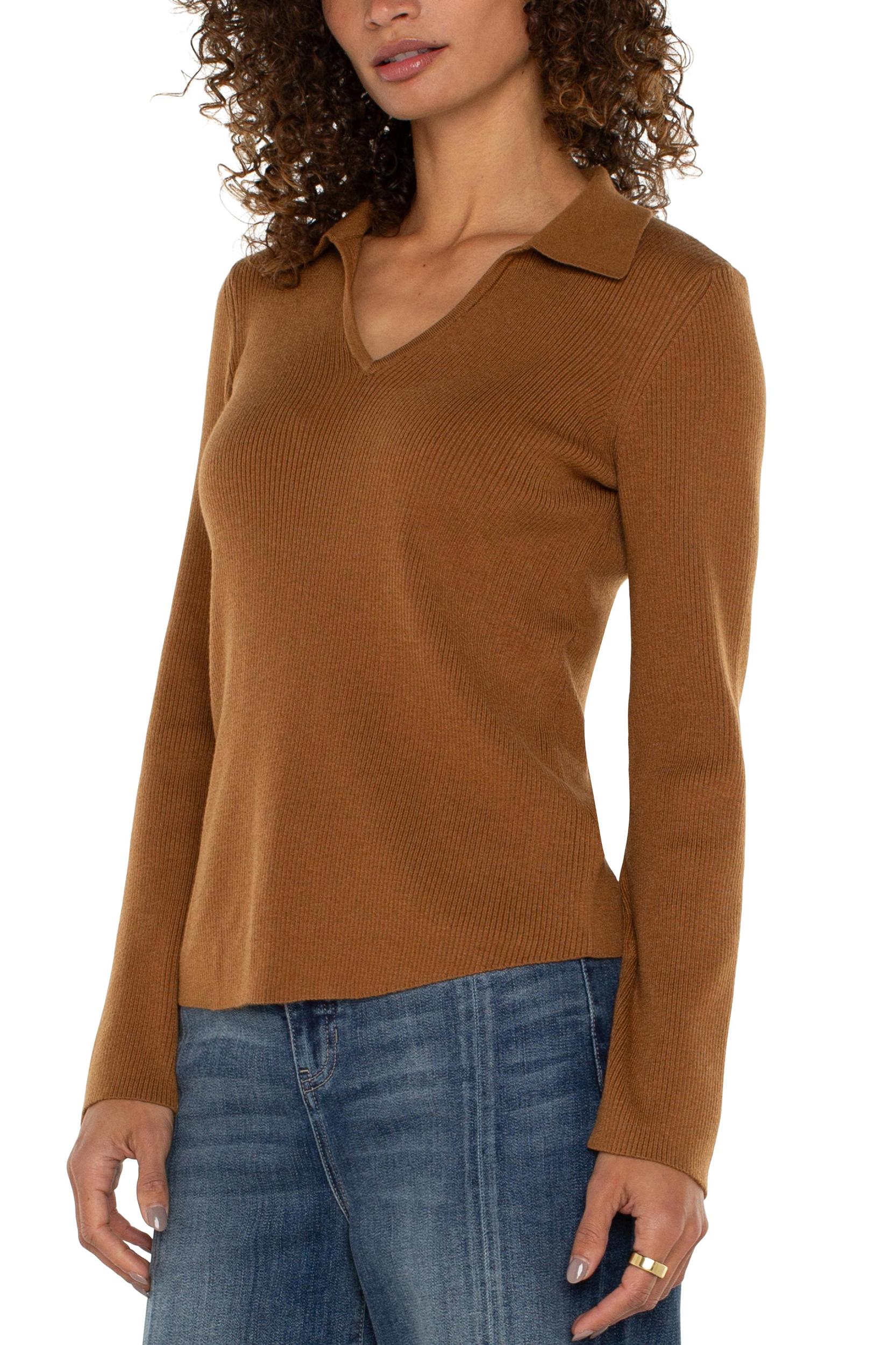 Long Sleeve V Neck Collard Sweater Product Image