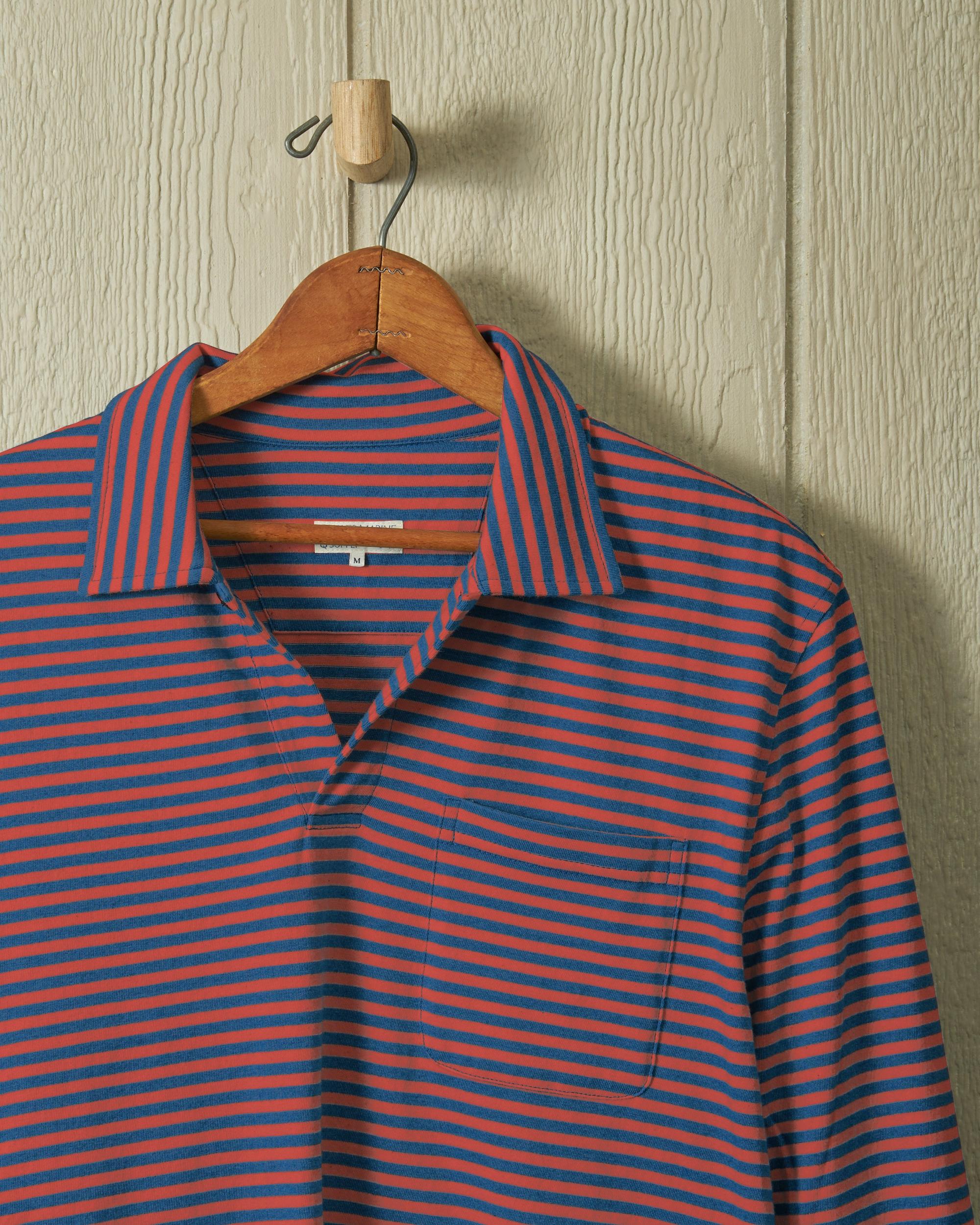 Long Sleeve Indigo Polo in Faded Red/Navy Even Stripe Product Image