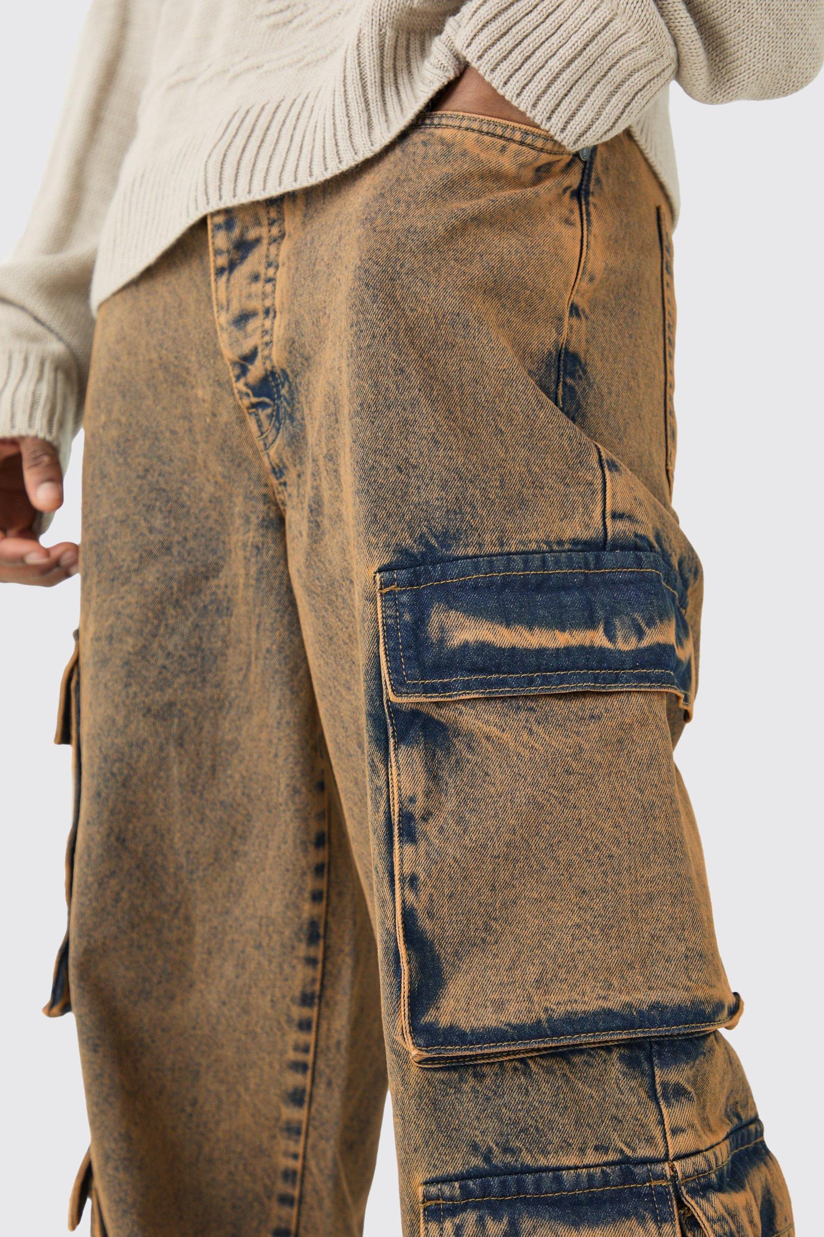 Tall Baggy Fit Acid Wash Cargo Jeans | boohooMAN USA Product Image