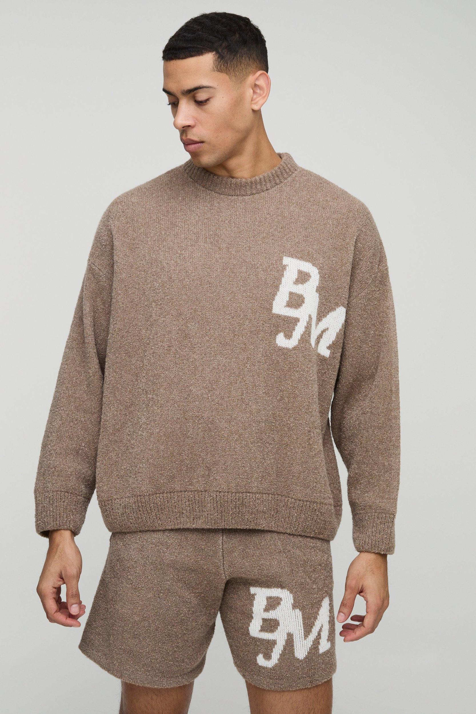 Boxy Fit Boucle BM Knitted Sweater and Shorts Set | boohooMAN USA Product Image