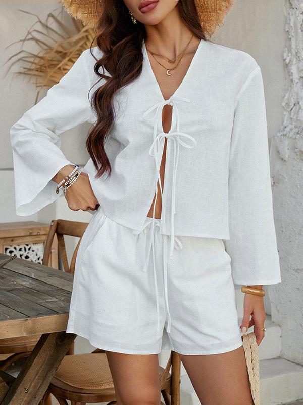 Flared Sleeves Long Sleeves Solid Color Tied V-Neck Blouses&Shirts Tops + Shorts Bottom Two Pieces Set Product Image