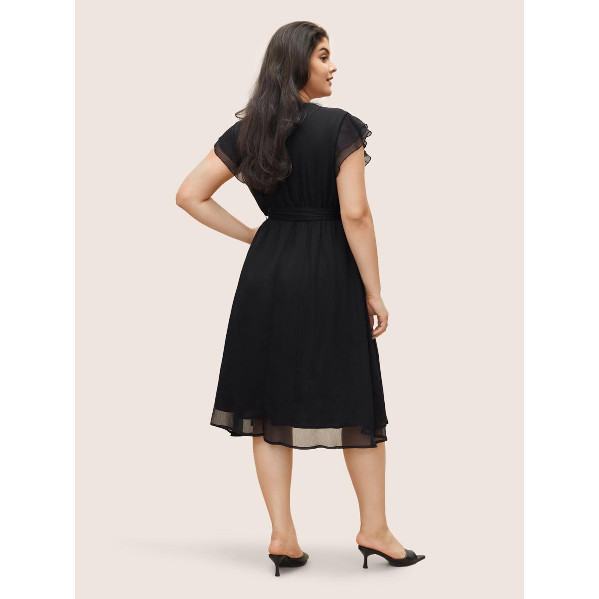 Plus Size Solid Mesh Belted Ruffle Cap Sleeve Dress Black Women At the Office Non Round Neck Cap Sleeve Curvy Midi Dress BloomChic 26/4X Product Image