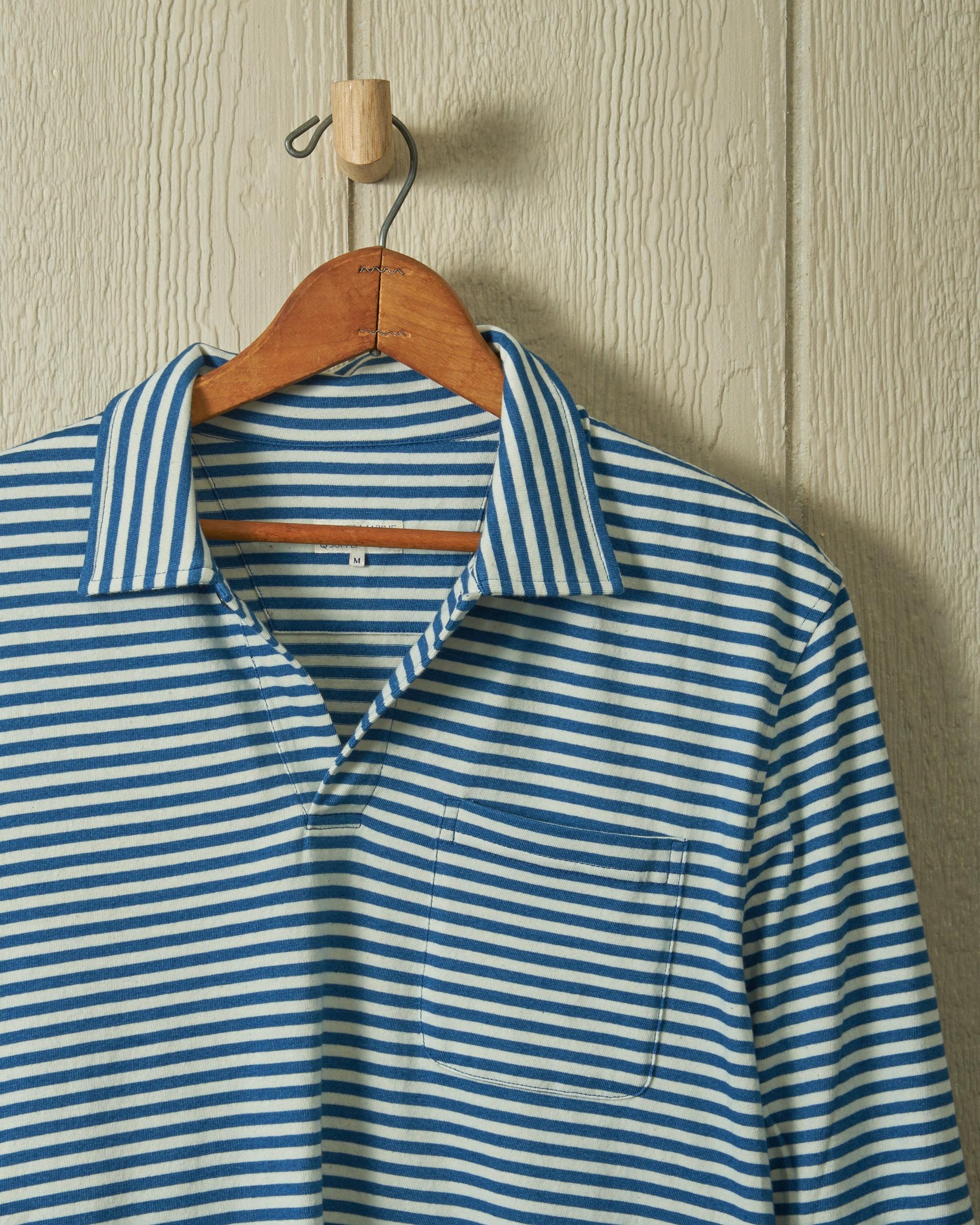 Long Sleeve Indigo Polo in Blue/White Stripe Product Image