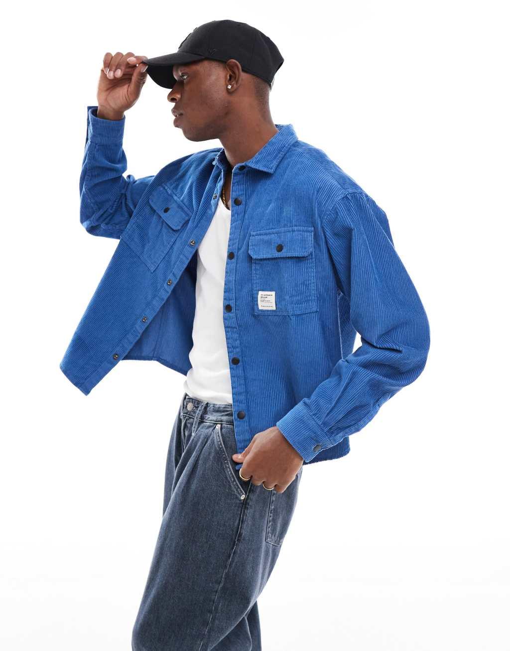 ASOS DESIGN boxy cord overshirt in blue with badge detail Product Image