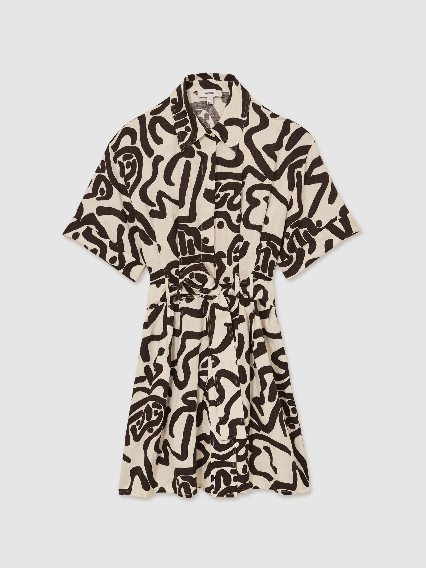 Linen Blend Printed Shirt Dress in Brown/Ivory Product Image