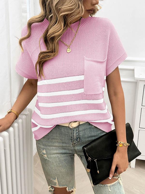 Half Sleeves Loose Pockets Striped Round-neck Knitwear Sweater Tops Product Image