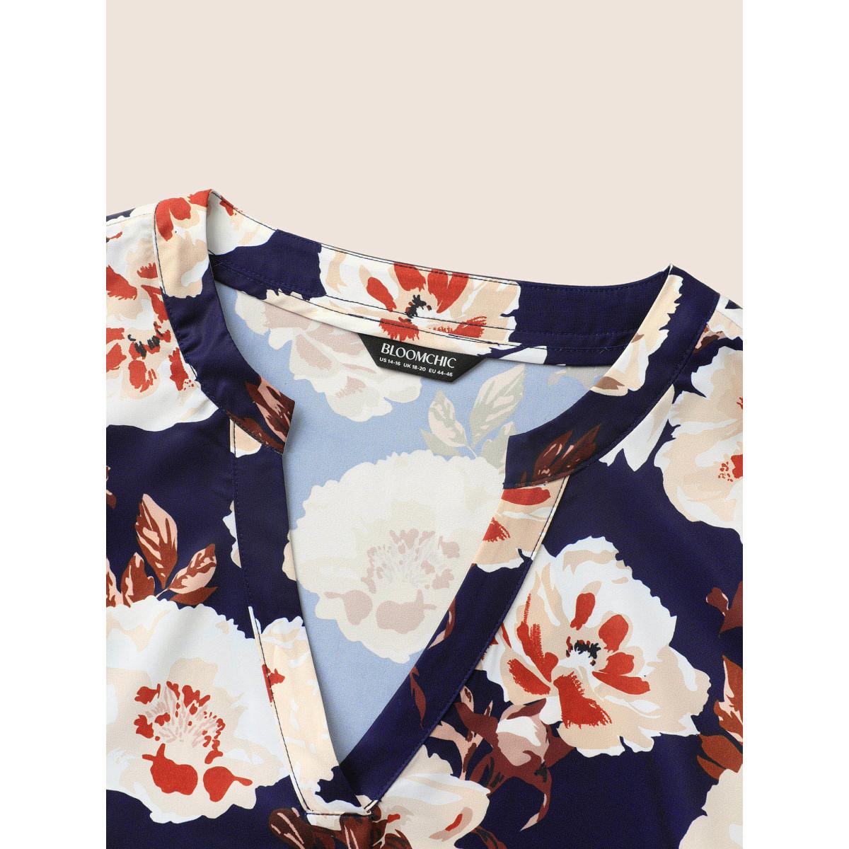 Plus Size Indigo Floral Notched Collar Ruffle Trim Blouse Women Elegant Short sleeve Flat collar with V-notch Everyday Blouses BloomChic 10/M Product Image