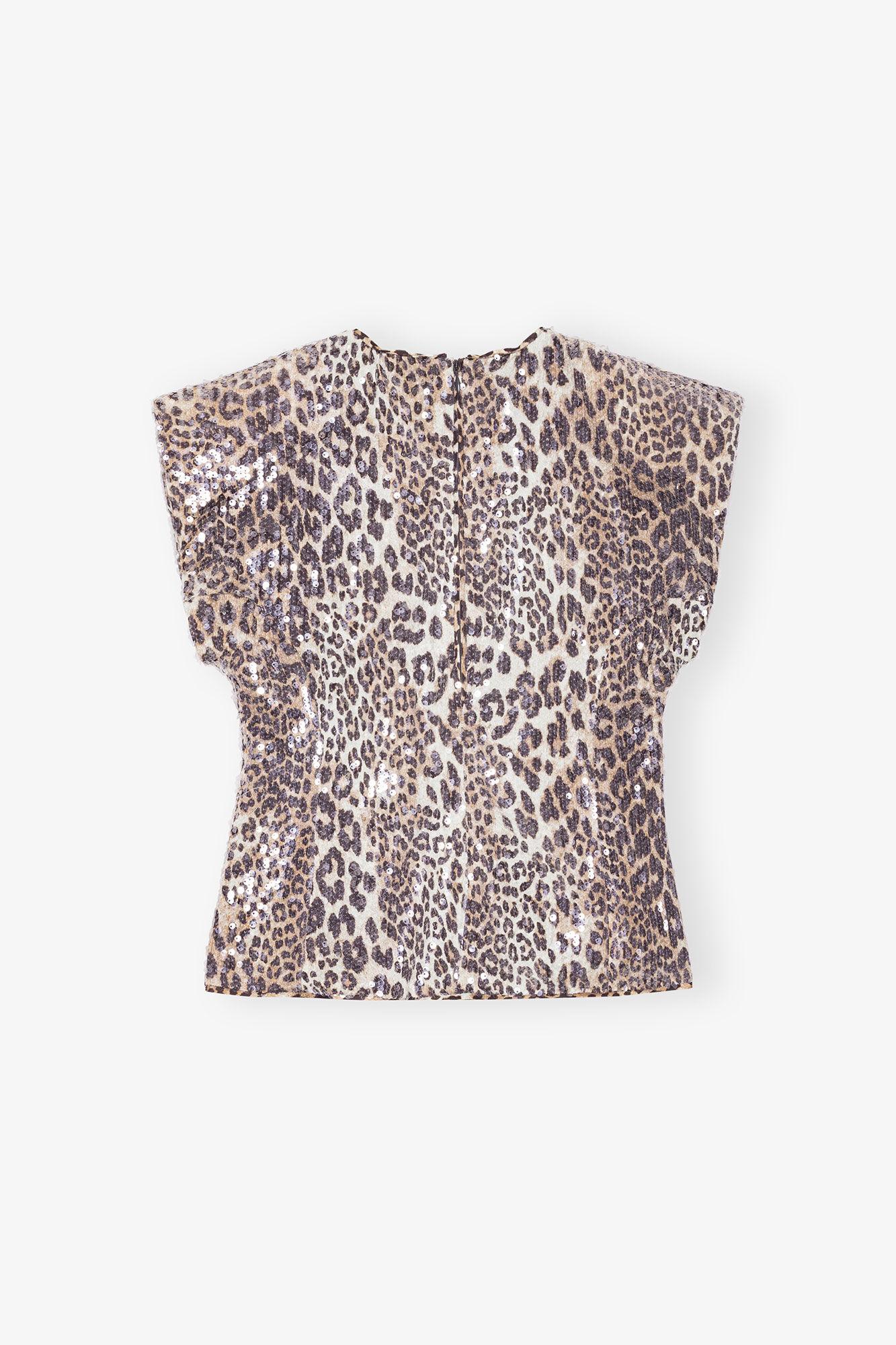 Leopard Printed Stretch Sequins Blouse Product Image