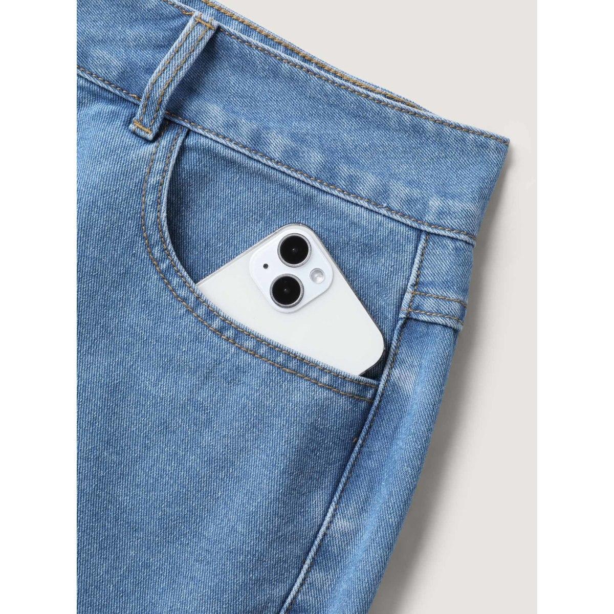 Plus Size Embroidered Hem Wide-Leg Denim Shorts Women Midblue No stretch Vacation Slanted pocket Leisure Denim Shorts BloomChic 14/1X Product Image