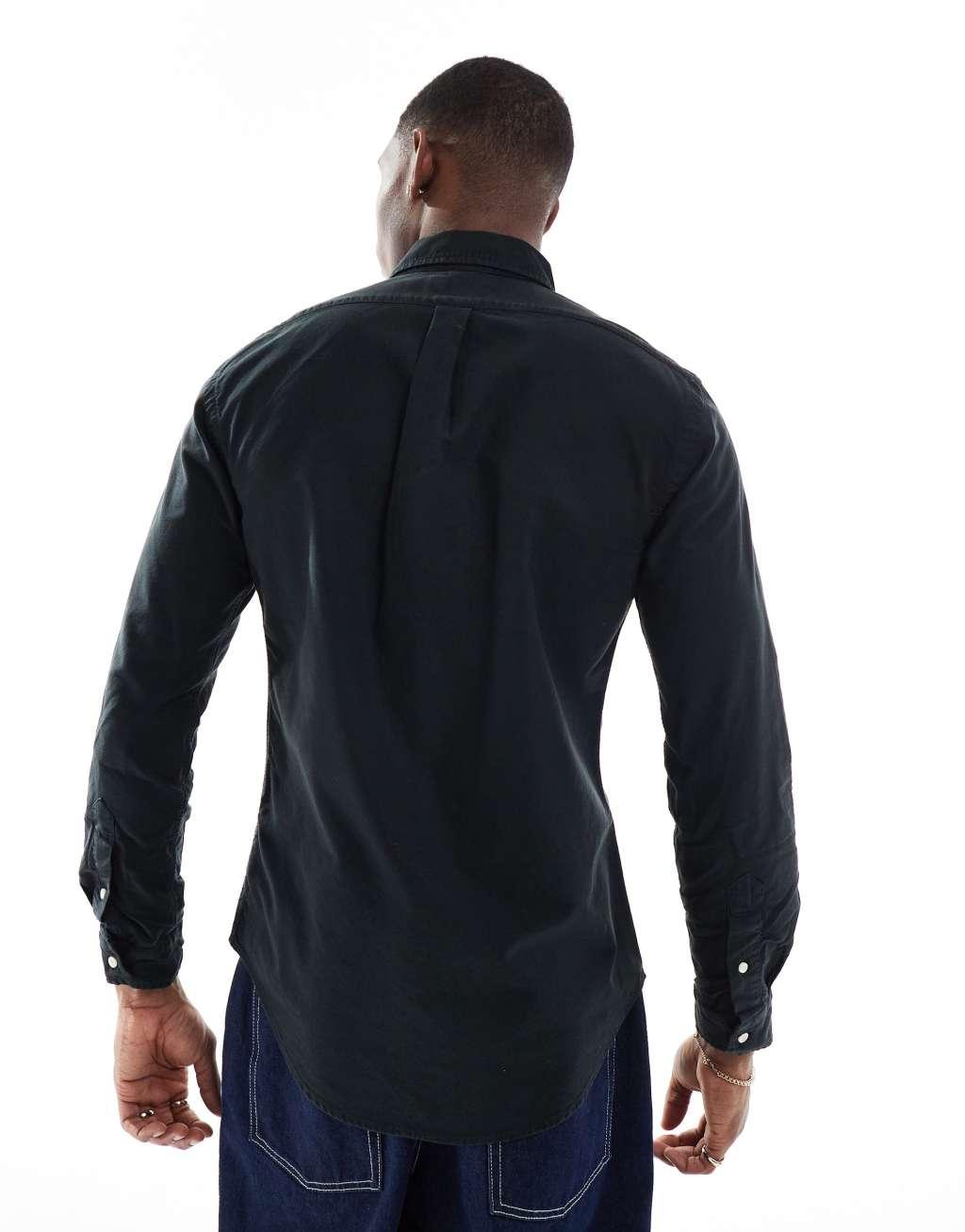 Polo Ralph Lauren icon logo slim fit yarn dyed oxford shirt in black Product Image