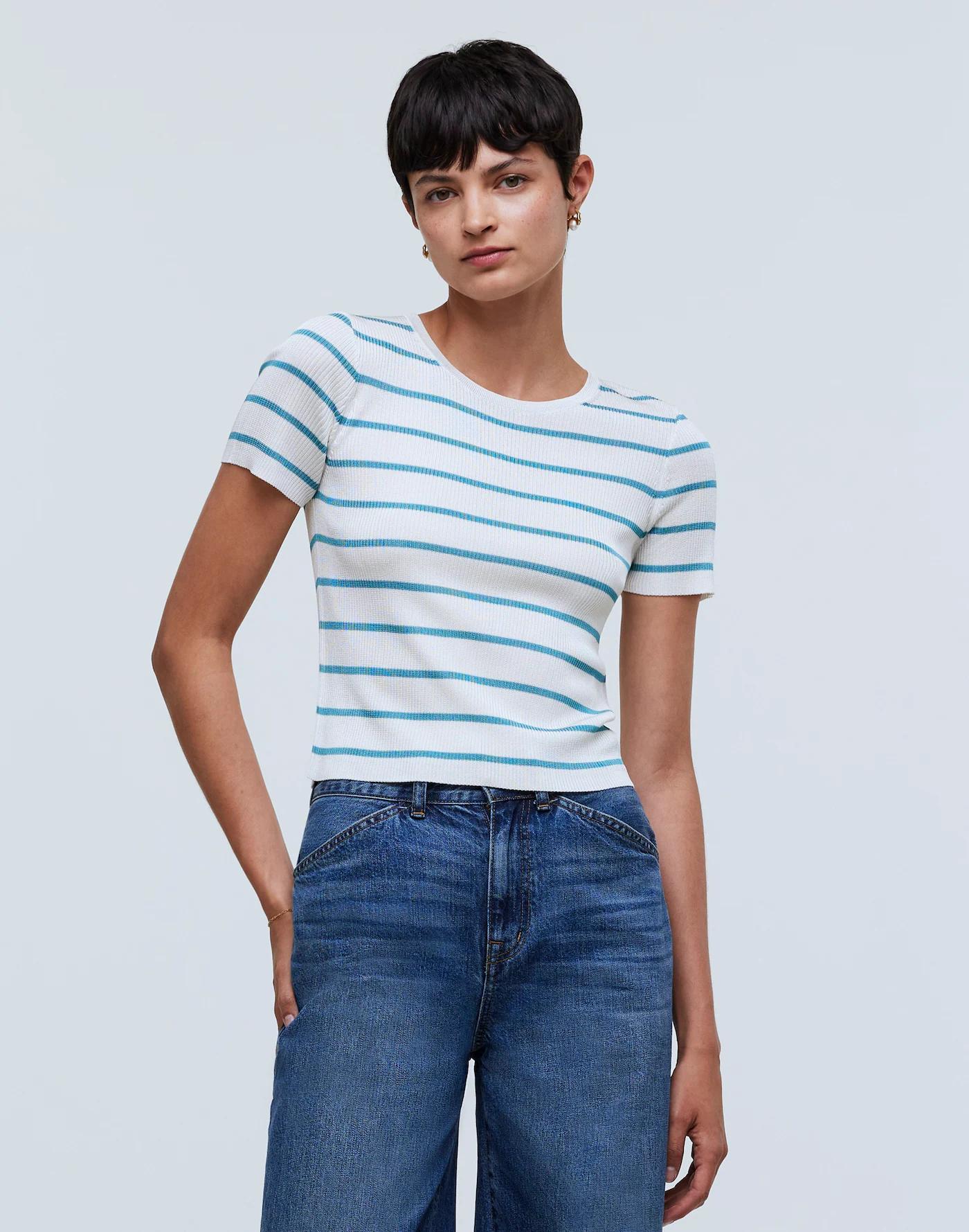 Cropped Crewneck Sweater Tee in Stripe Product Image