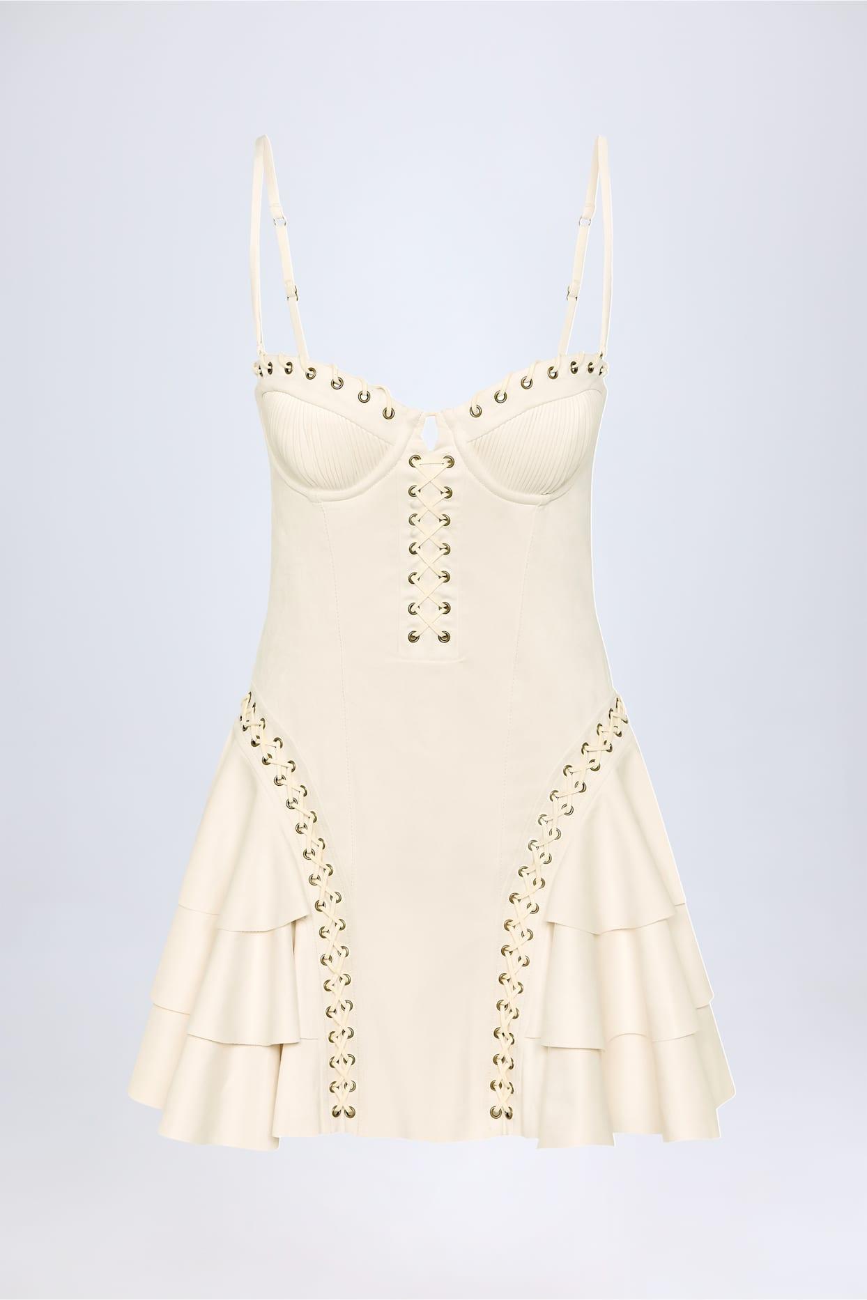 Lace-Up Tiered Corset Mini Dress in Ivory Product Image
