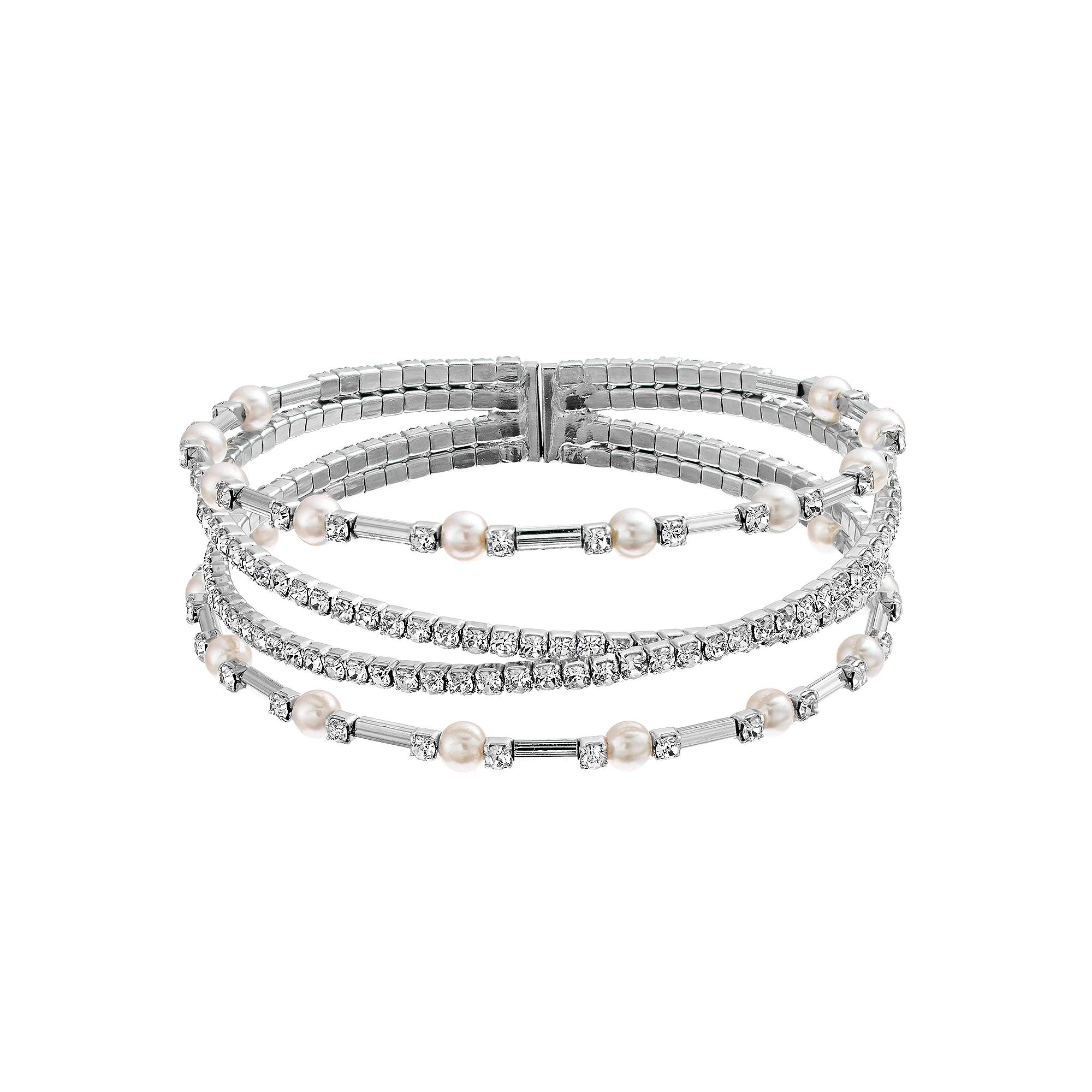 Vieste Crystal & Pearl Criss Cross Nickel Free Cuff Bracelet, Women's, Silver Tone Product Image