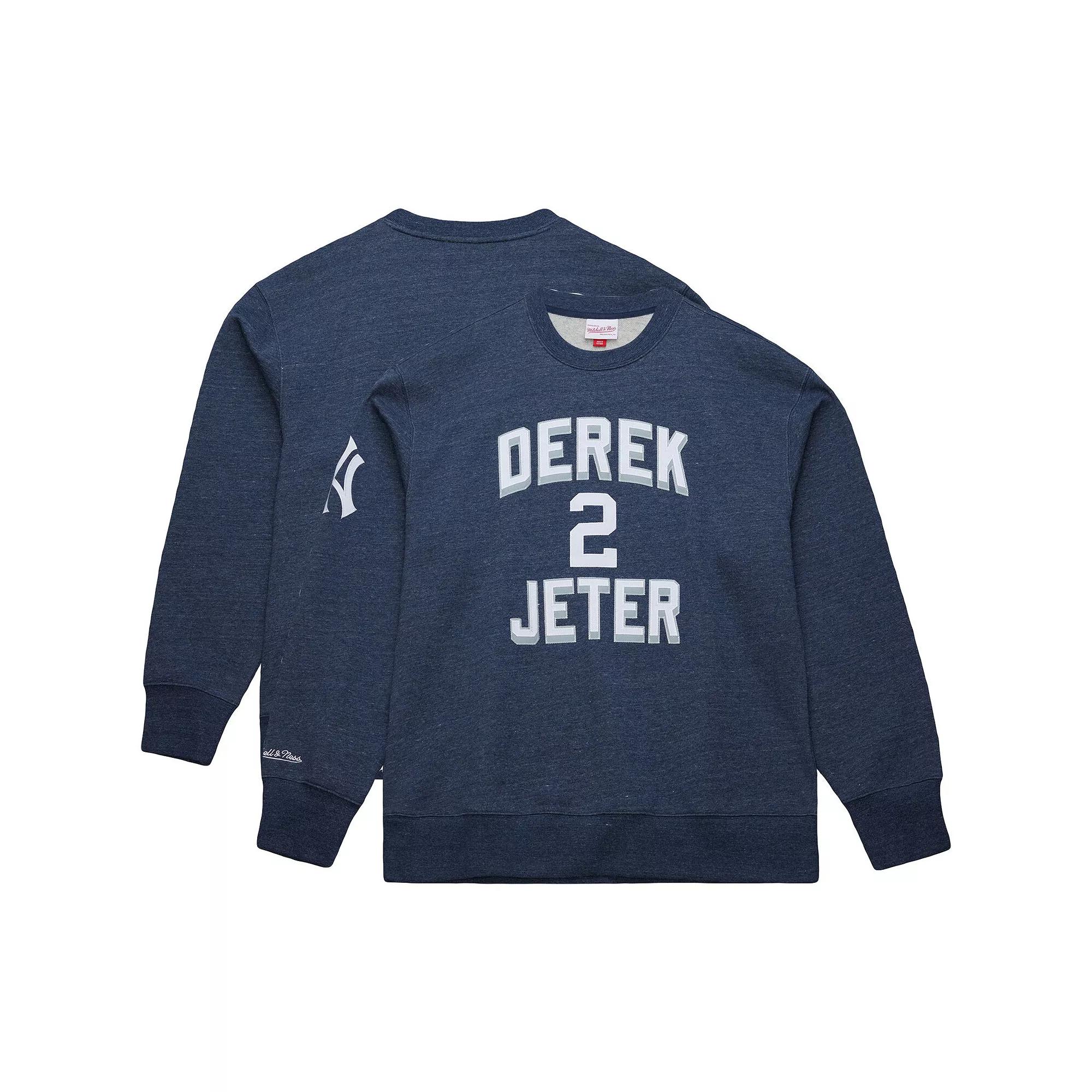 Men's Mitchell & Ness Derek Jeter Heather Navy New York Yankees Legends Collection Vintage Logo Fleece Name & Number Pullover Sweatshirt, Size: Small, Blue Product Image