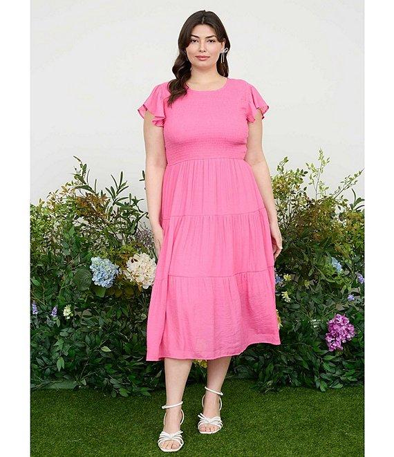Perch By Blu Pepper Plus Short Flutter Sleeve Smocked Tiered Midi Dress Product Image