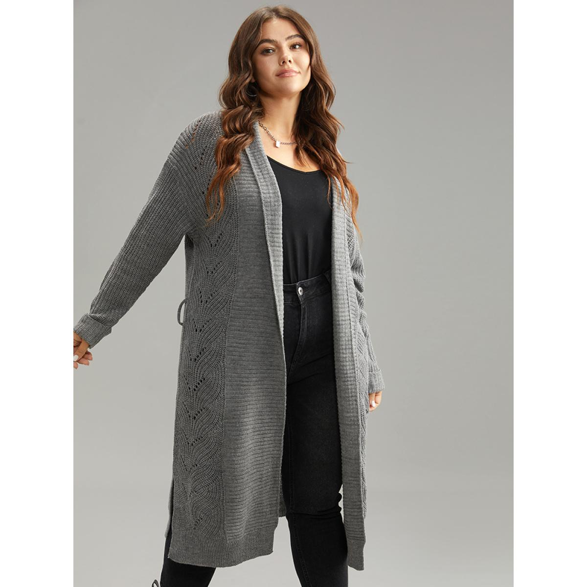 Plus Size Plain Split Hem Ties Texture Cardigan Gray Women Casual Loose Long Sleeve Dailywear Cardigans BloomChic 26/4X Product Image