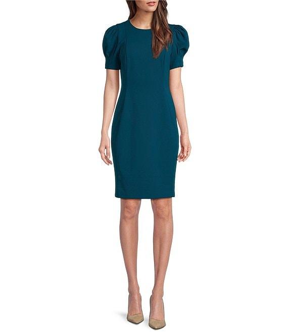 DKNY by Donna Karan Crepe Round Neck Short Puff Sleeve Dress Product Image