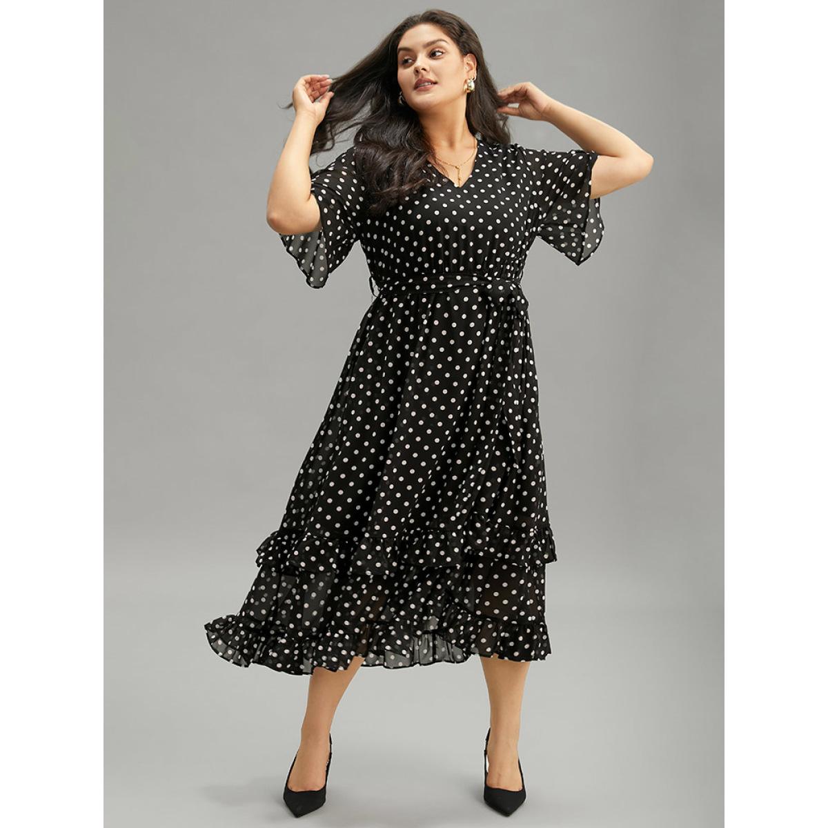 Plus Size Polka Dot Ruffles Pocket V Neck Mesh Belted Dress Black Women Elegant Lined V-neck Short sleeve Curvy Midi Dress BloomChic 12/L Product Image