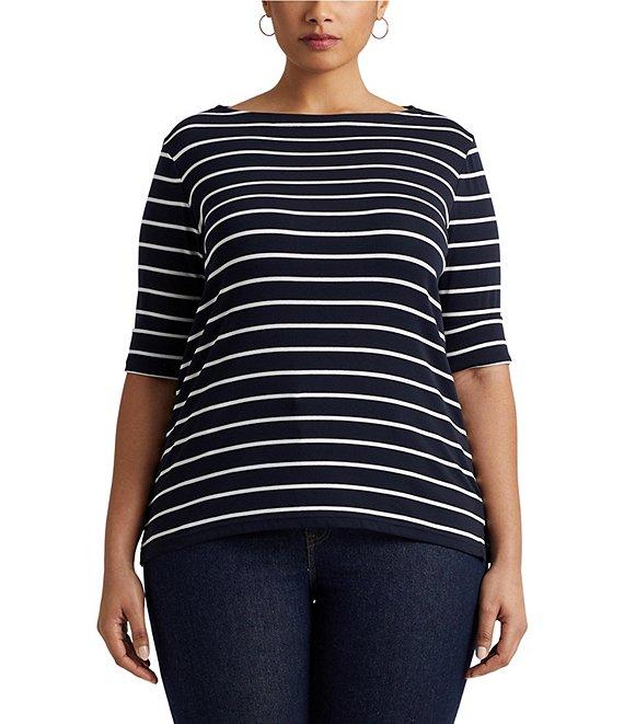 Lauren Ralph Lauren Plus Size Stripe Boat Neck Short Sleeve T-Shirt Product Image
