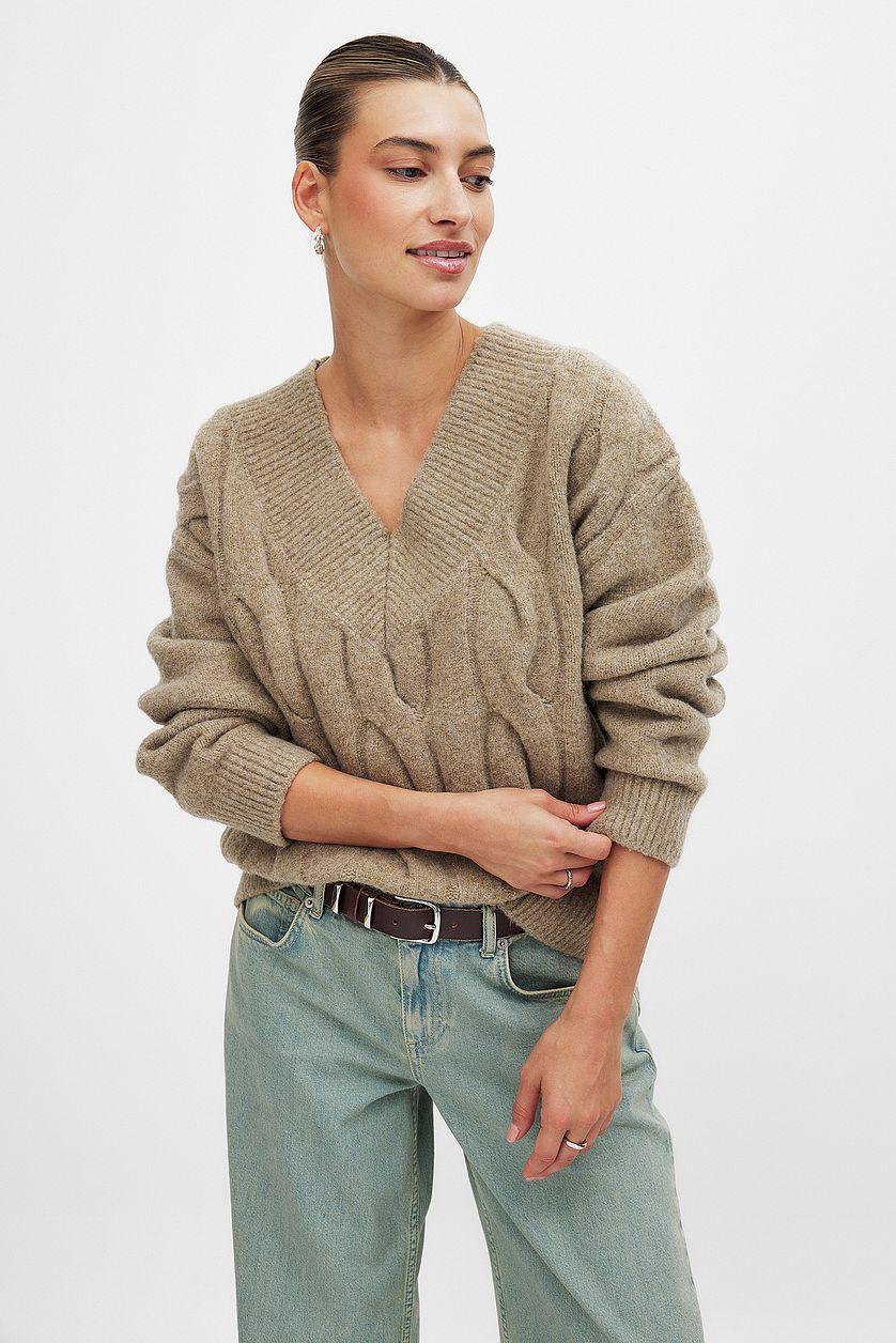 Knitted V-Neck Cable Sweater Product Image