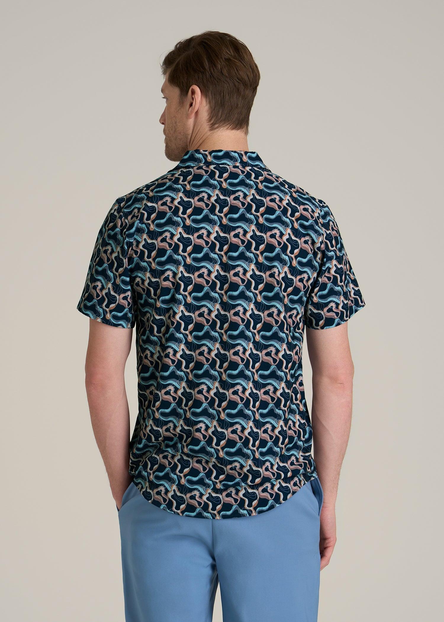 Coastal Perforated Polo Shirt for Tall Men in Blue and Rose Abstract Male Product Image