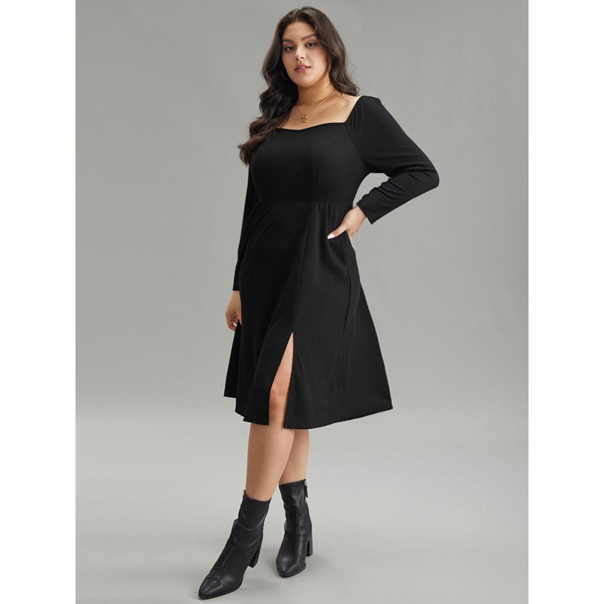 Plus Size Rib Knit Split Side Square Neck Dress Black Women Elegant Plain Square Neck Long Sleeve Curvy Midi Dress BloomChic 30/6X Product Image