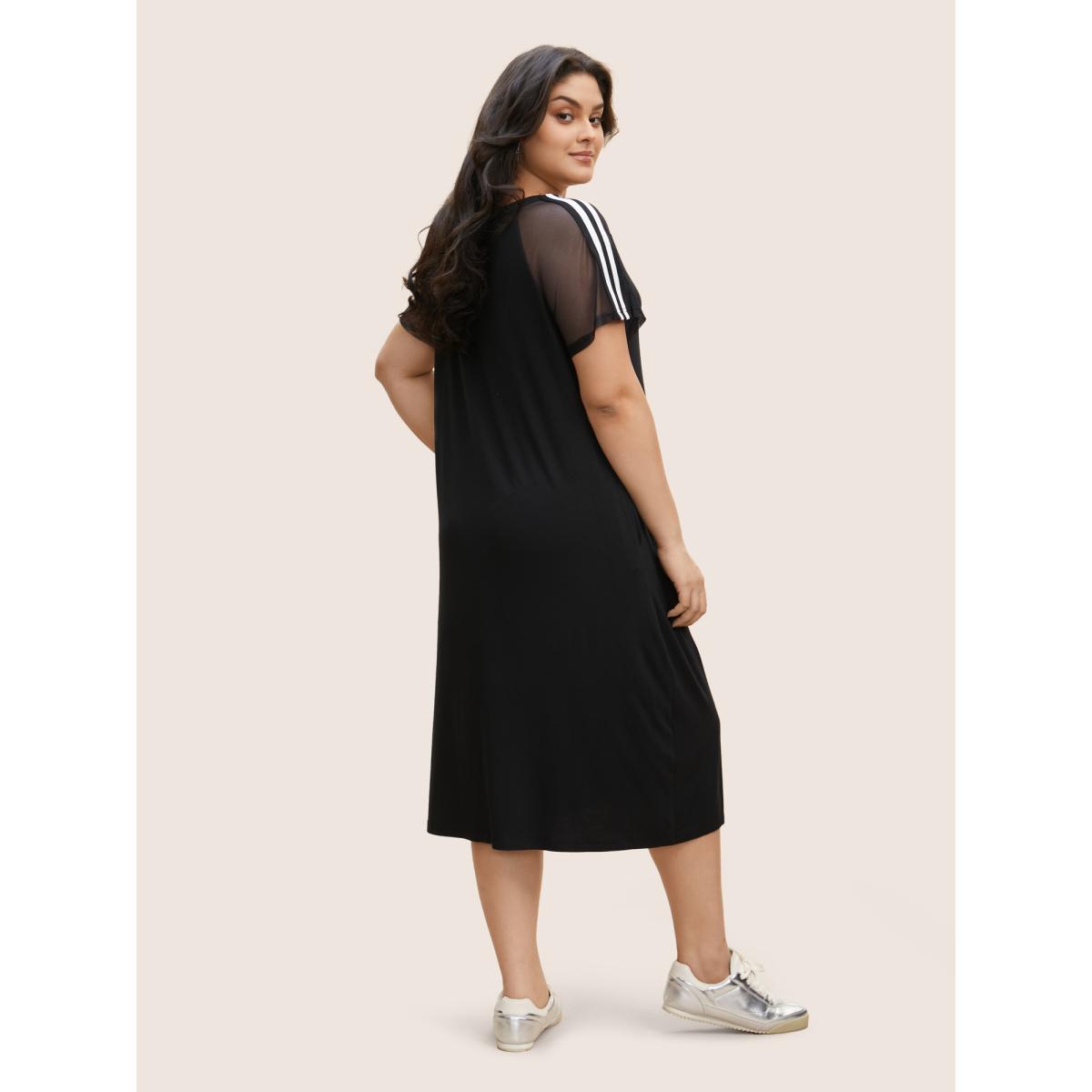 Plus Size Number Print Striped Mesh Patchwork Midi Dress Black Women Casual See through Round Neck Short sleeve Curvy BloomChic 14-16/1X Product Image