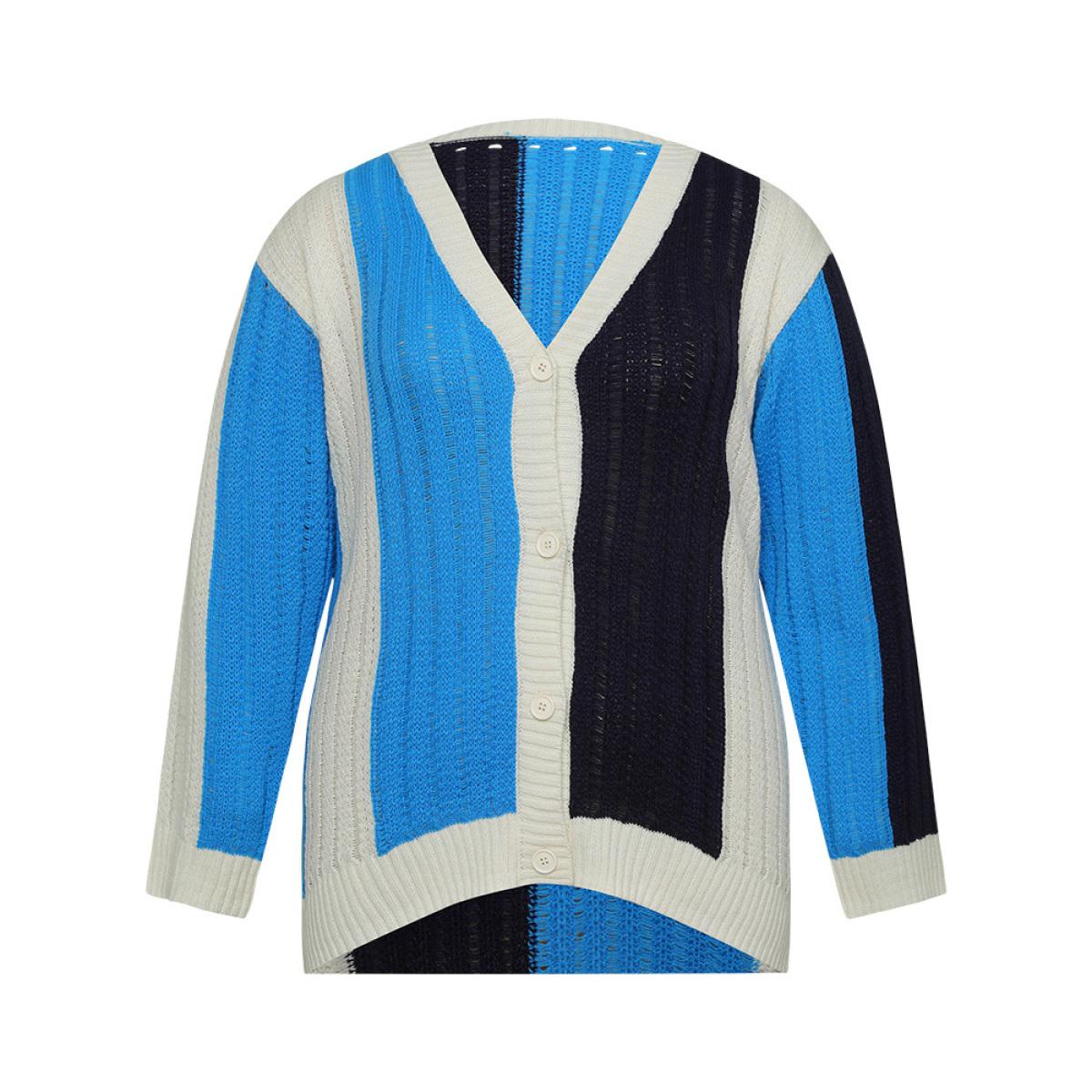 Plus Size Colorblock Contrast Button Down Drop Shoulder Cardigan Blue Women Casual Loose Long Sleeve Everyday Cardigans BloomChic 22-24/3X Product Image