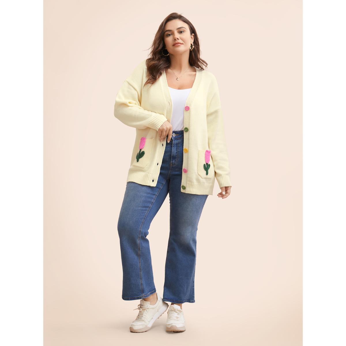 Plus Size Contrast Crochet Floral Patch Pocket Cardigan Beige Women Casual Loose Long Sleeve Everyday Cardigans BloomChic 12/L Product Image