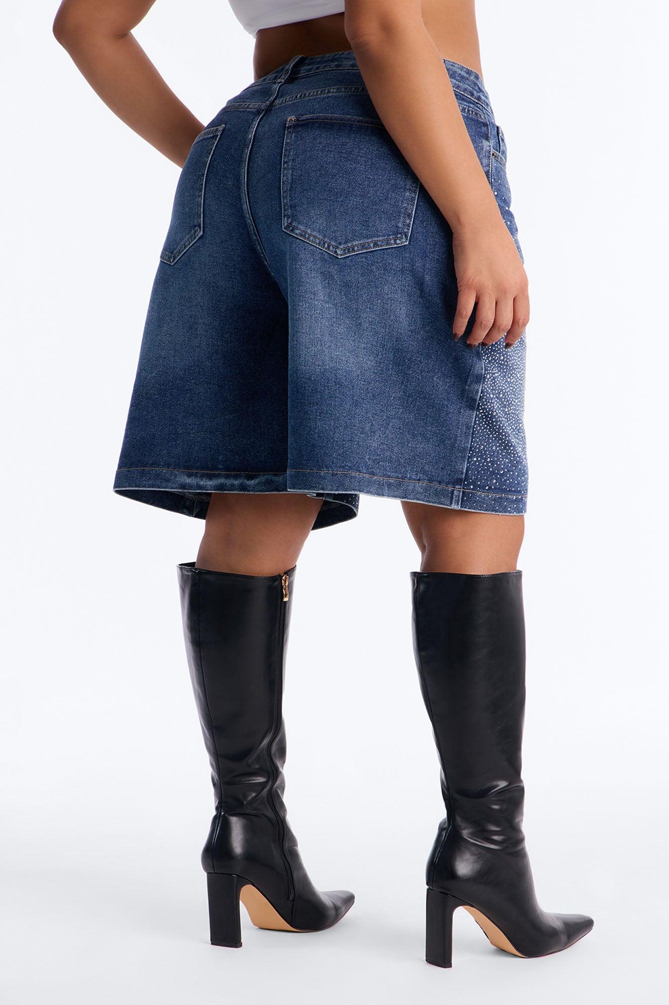 Fancy Pants Embellished Rhinestones Denim Shorts - Dark Wash Female Product Image