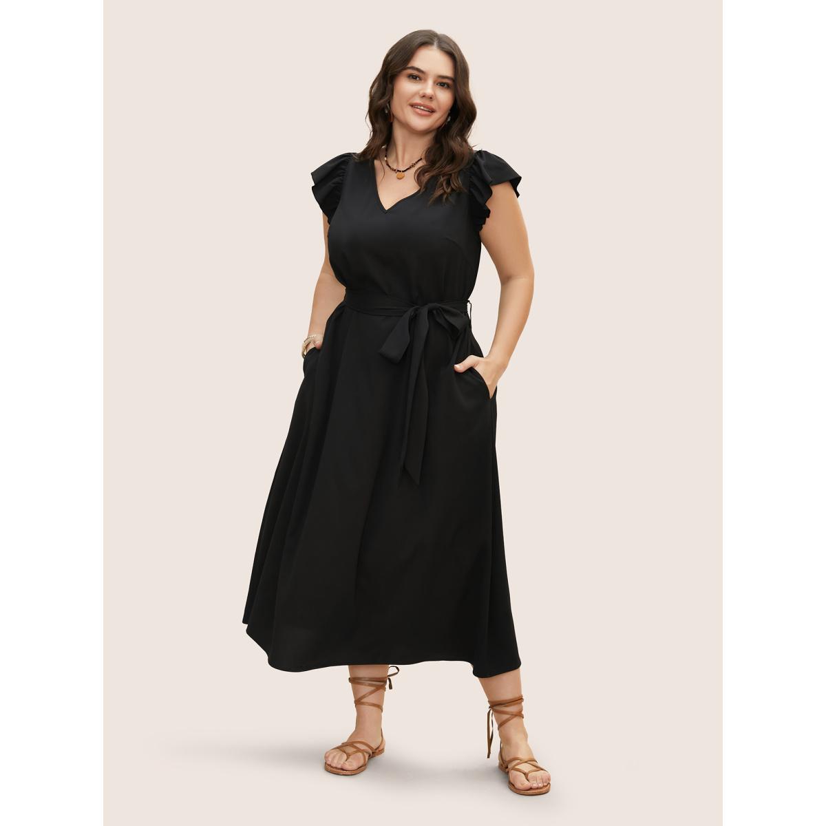 Plus Size Solid Backless Tassel Trim Tie Knot Dress Black Women Resort Tassels V-neck Cap Sleeve Curvy BloomChic 18-20/2X Product Image