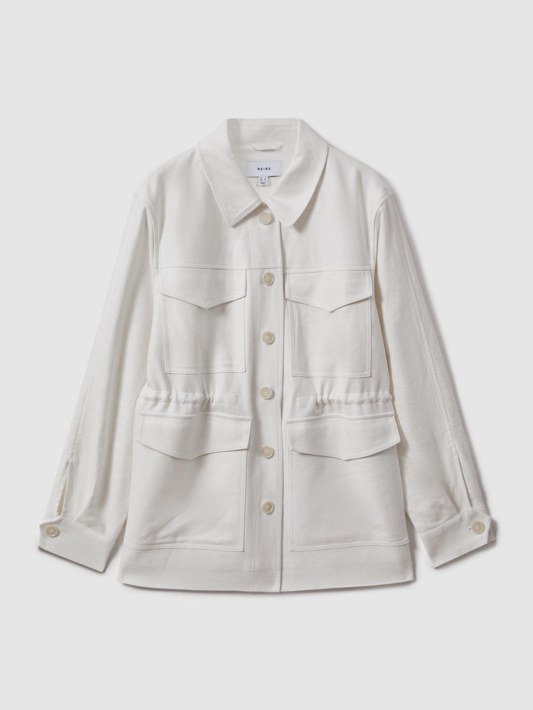Linen Blend Drawstring Overshirt in White Product Image