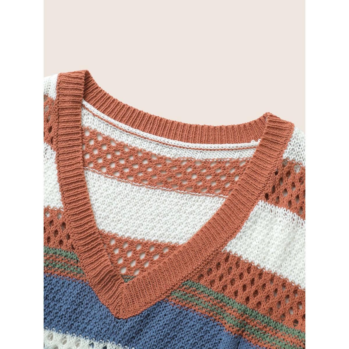 Plus Size Colorblock Contrast Pointelle Knit Pullover OrangeRed Women Casual Long Sleeve V-neck Everyday Pullovers BloomChic 14-16/1X Product Image