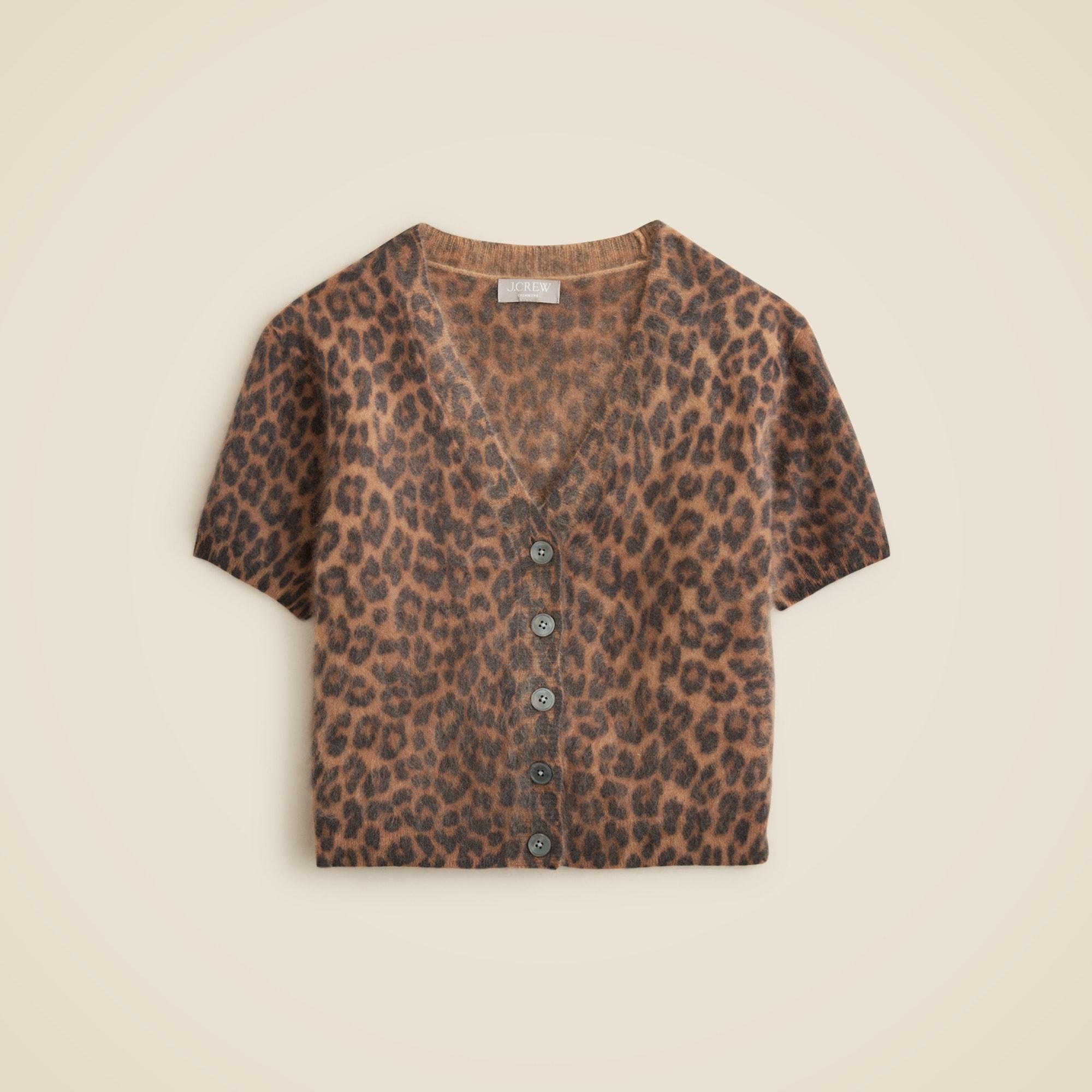 Brushed cashmere short-sleeve cardigan in leopard print Product Image