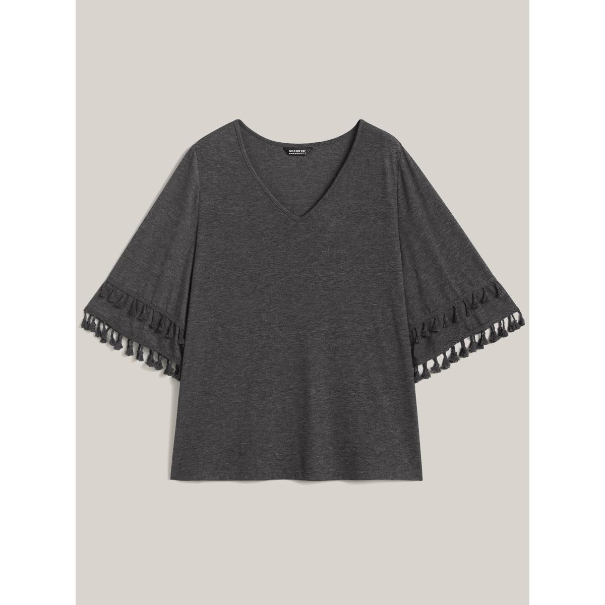 Plus Size Tassel Sleeve V-Neck Plain T-Shirt DimGray Women Casual Tassels V-neck Everyday T-shirts BloomChic 12/L Product Image