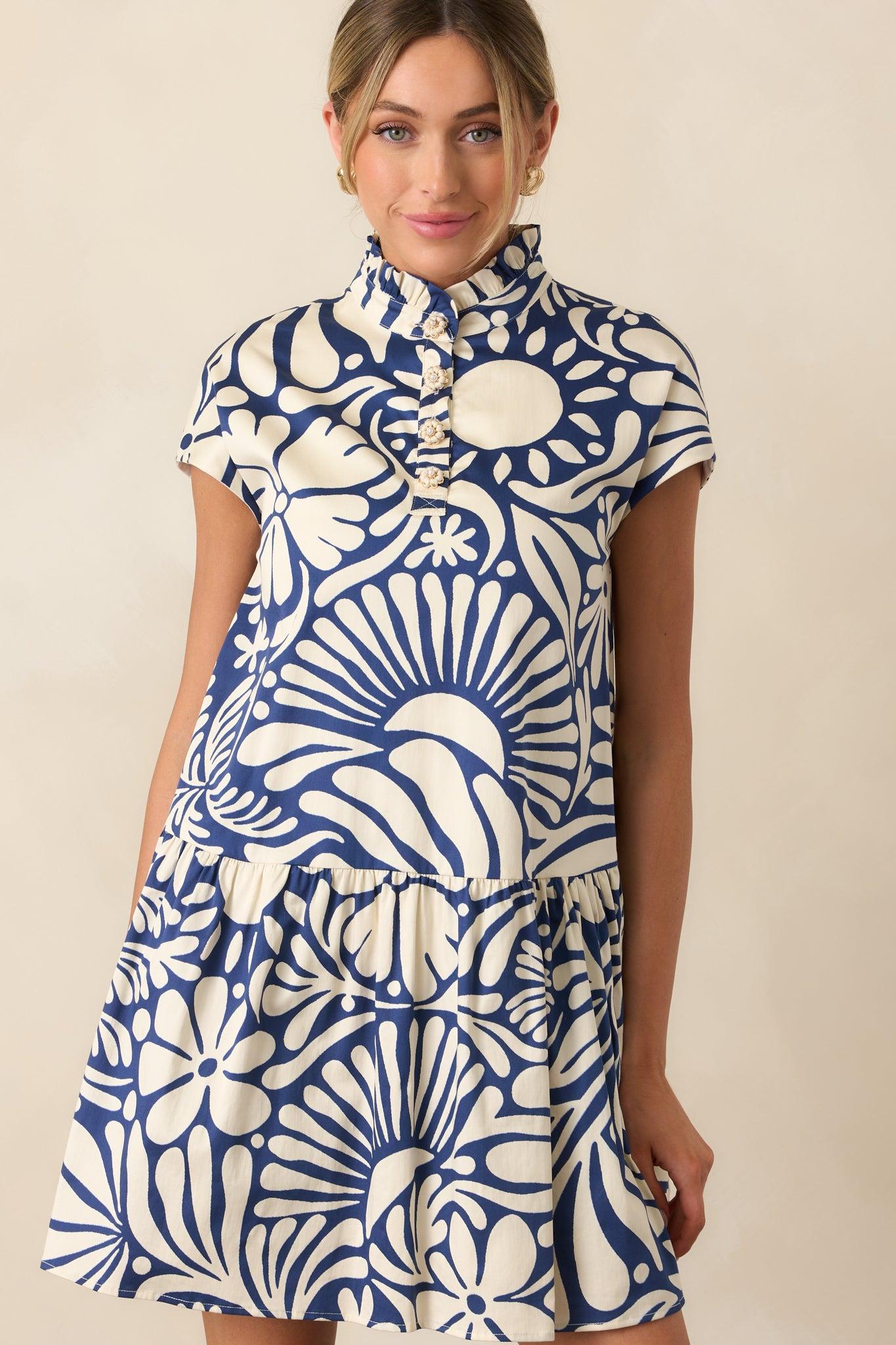 Prosperina Stella Navy Floral Print Cotton Mini Dress Product Image