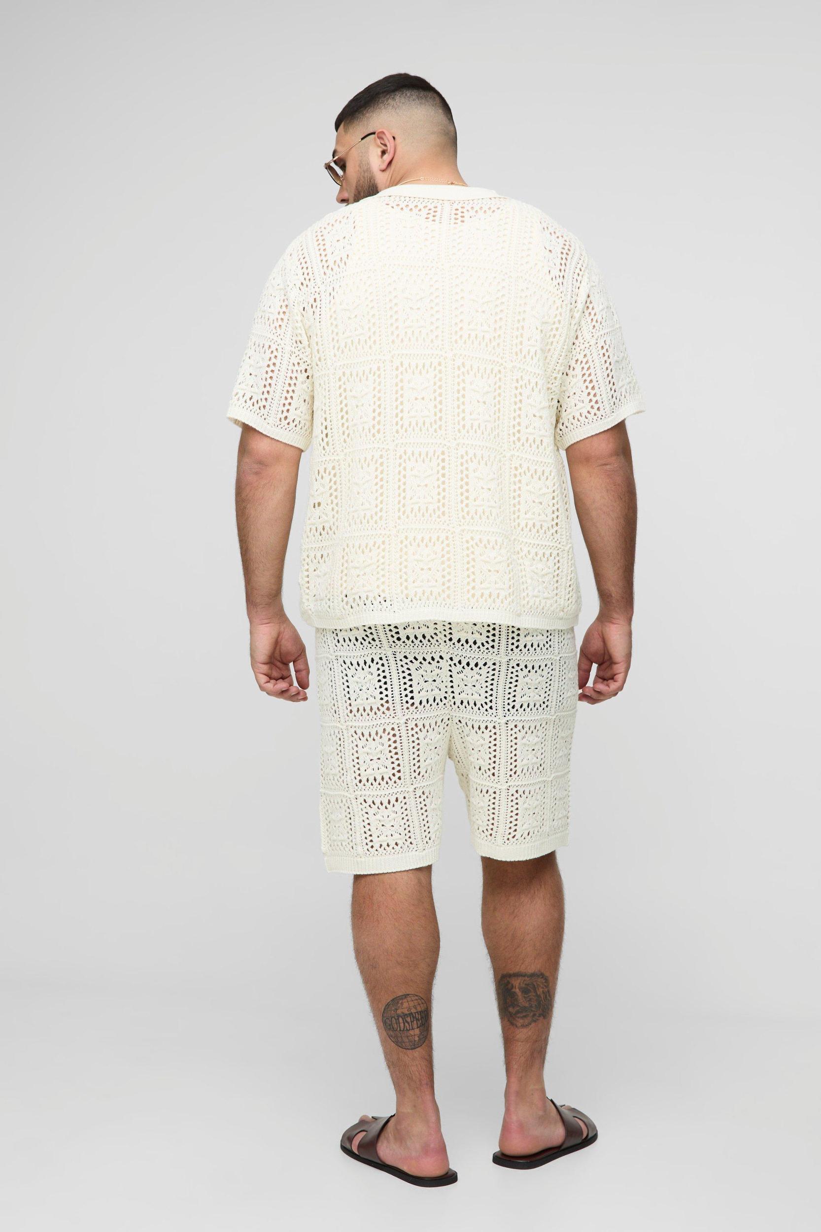 Plus Oversized Crochet Shirt & Short Set | boohooMAN USA Product Image