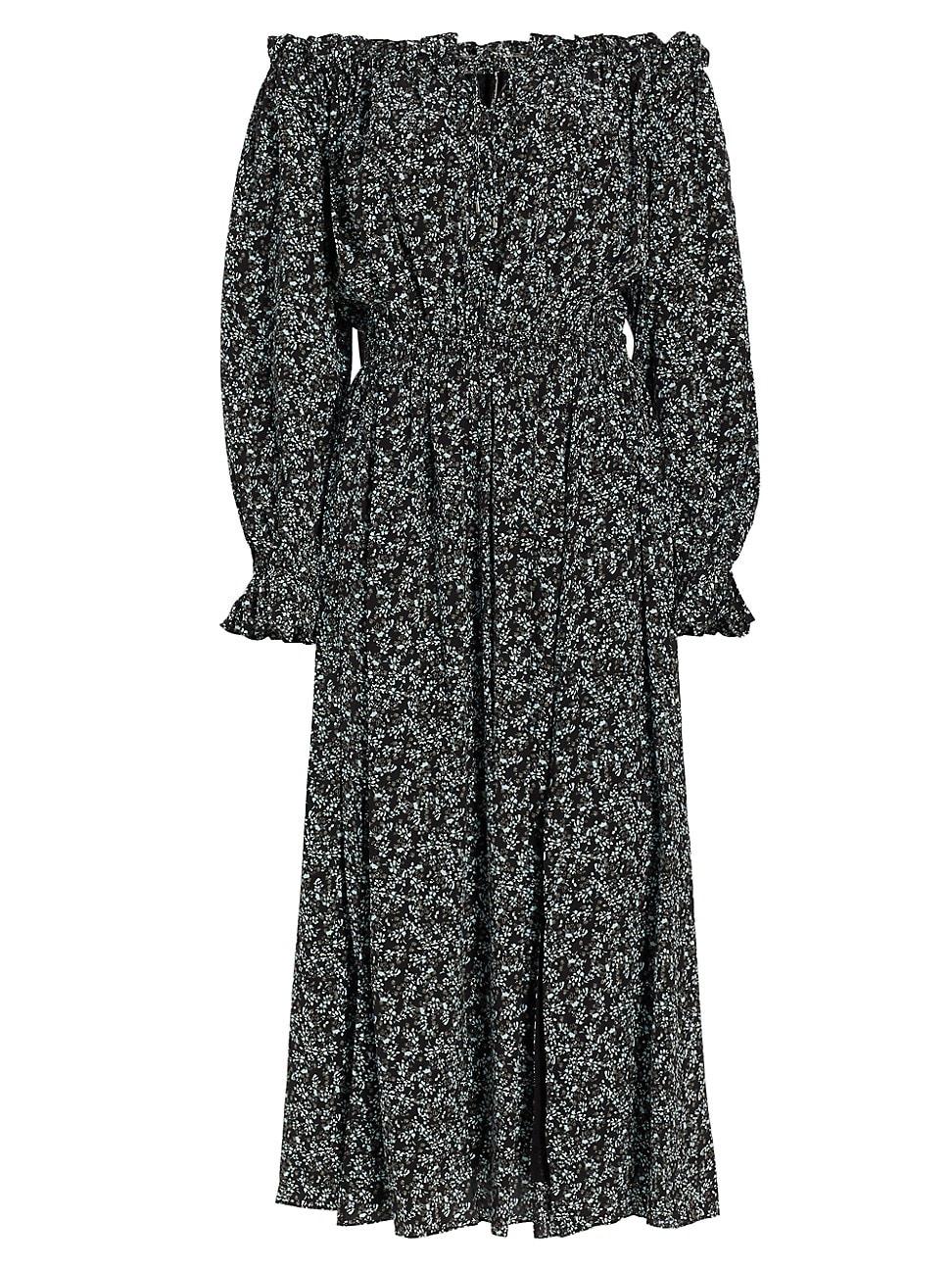 Womens Night Floral Silk Off-The-Shoulder Midi-Dress Product Image