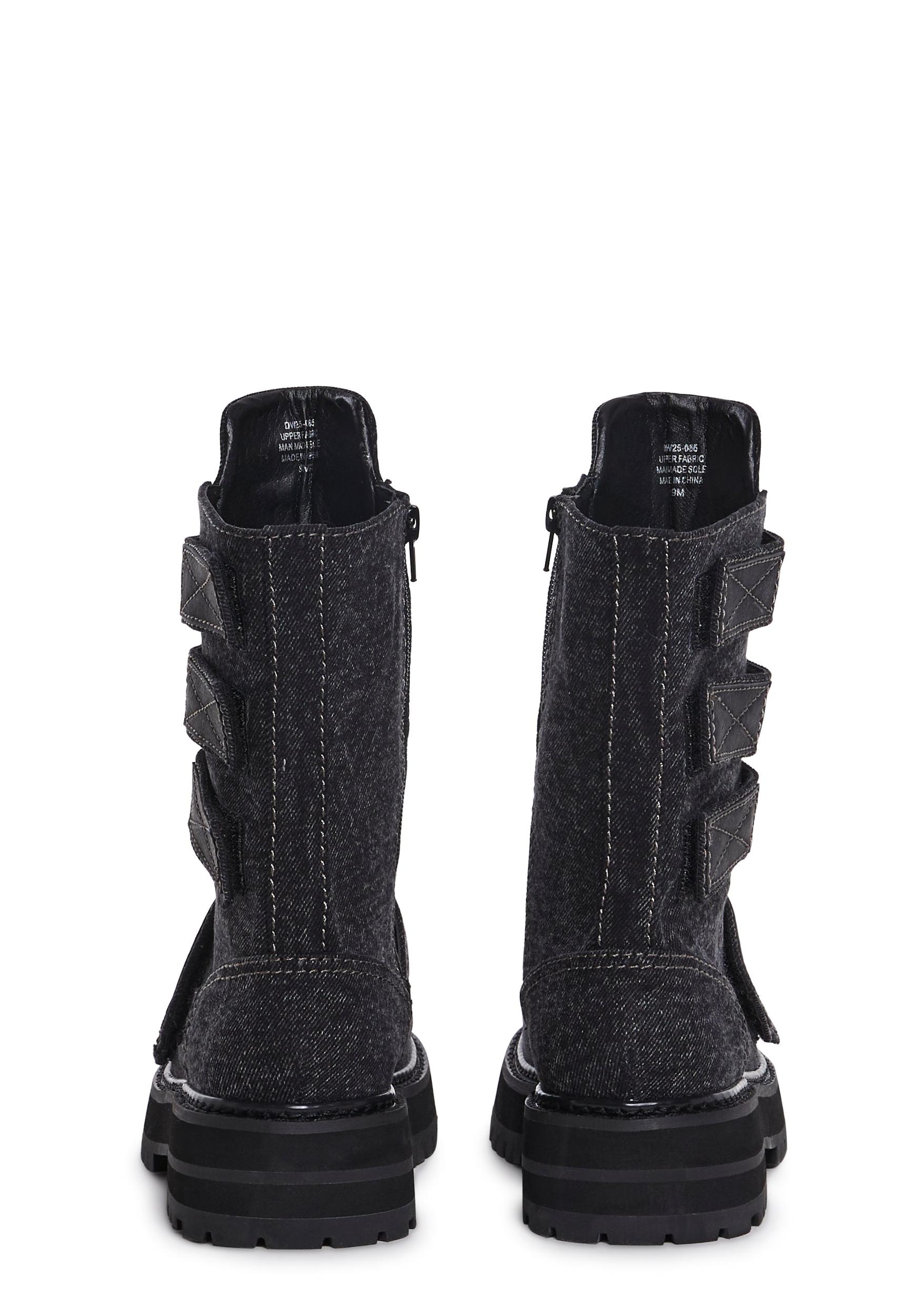 Denim Velcro Ankle Boots With Side Zipper Closures Darker Wavs - Black Product Image
