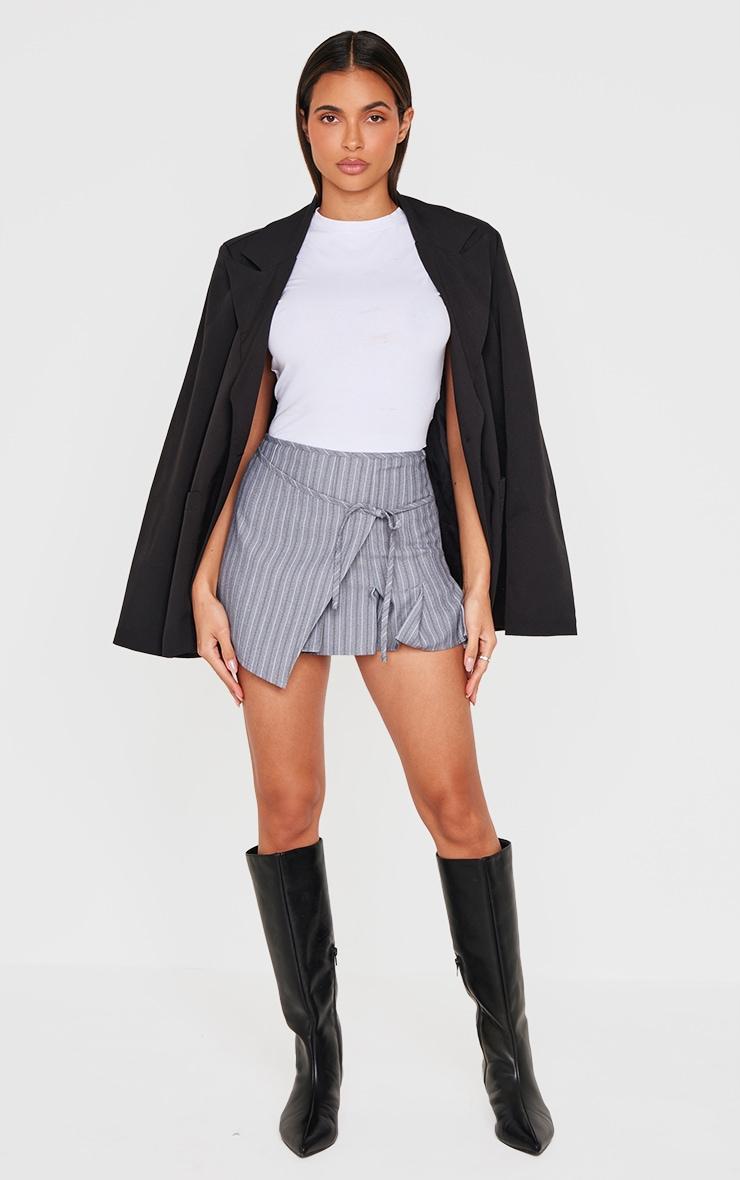 Grey Striped Wrap Tie Detail Pleated Skirt Product Image