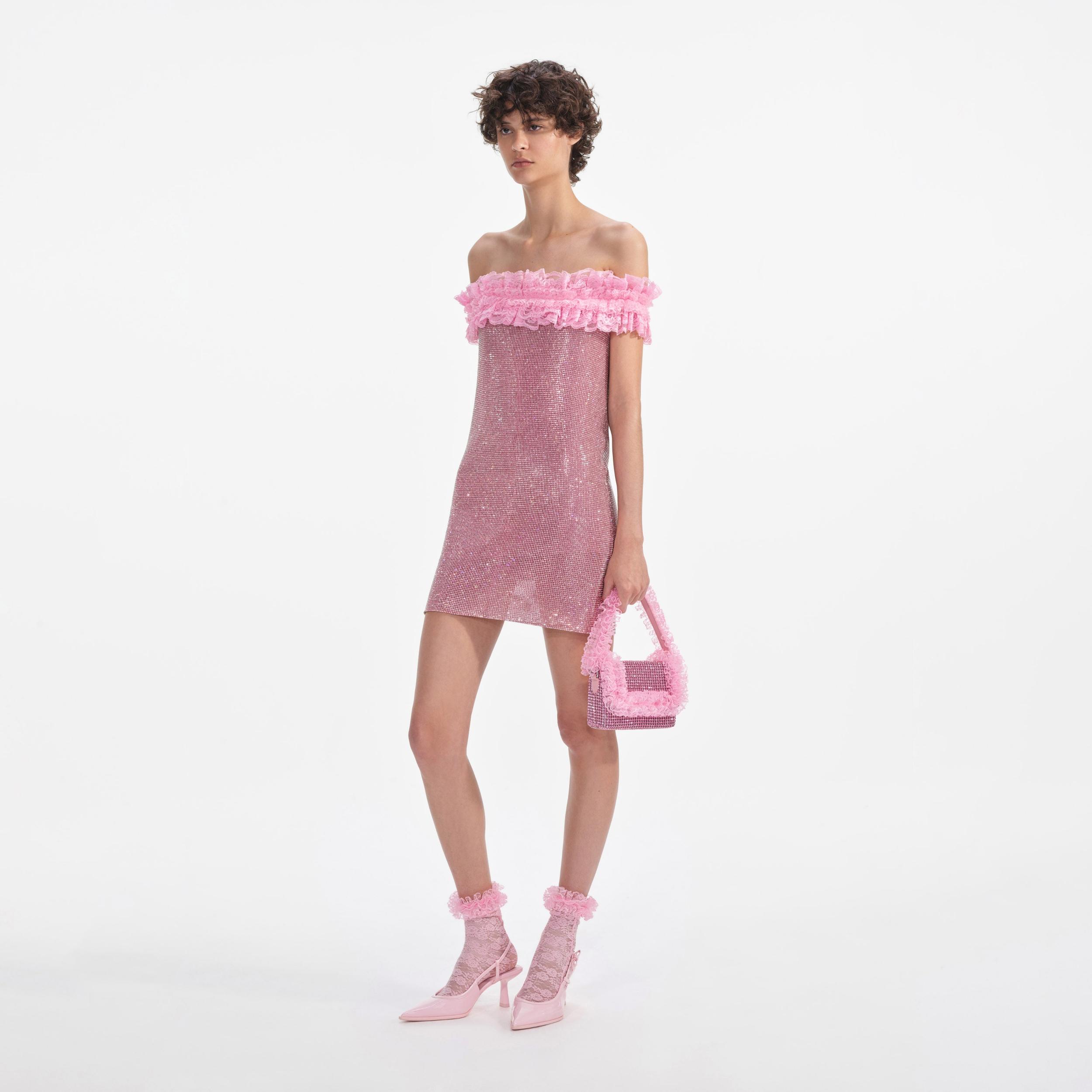 Pink Crystal Chainmail Mini Dress Product Image