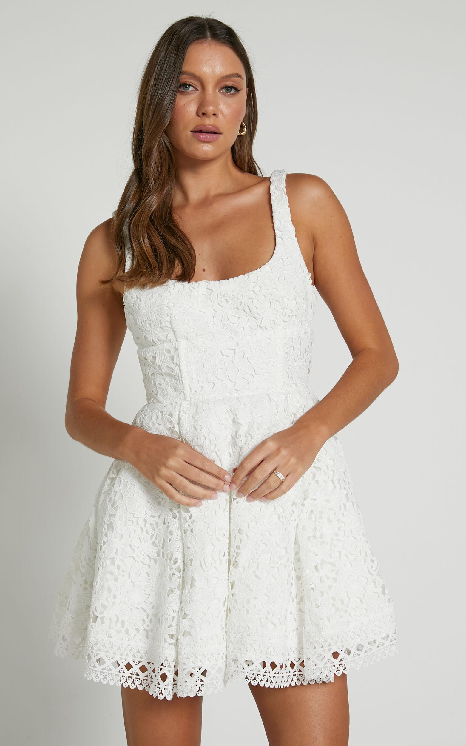 Lilia Mini Dress - Corset Scoop Neck Fit And Flare Dress in White Product Image
