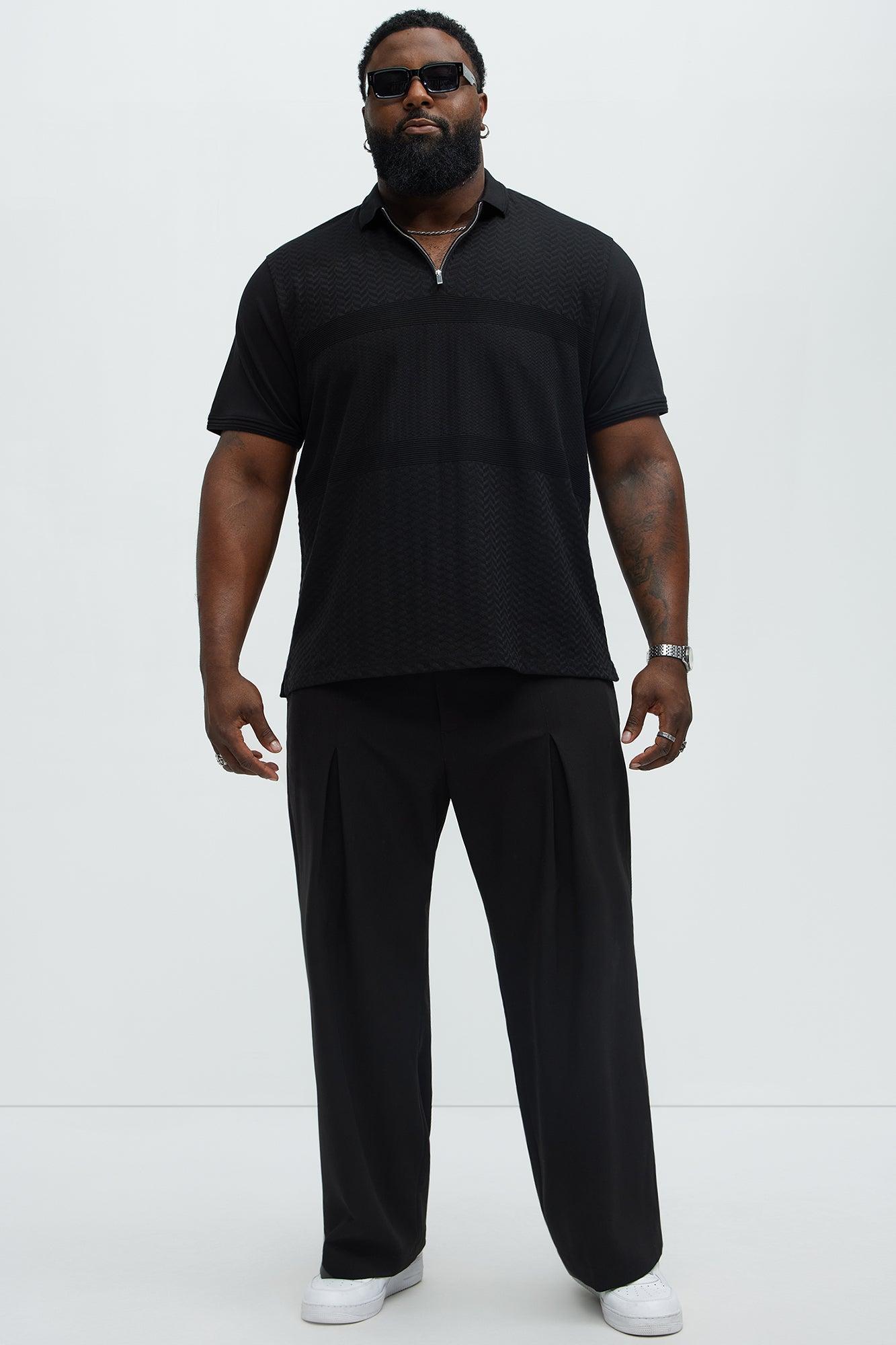 Textured Zip Collar Short Sleeve Polo - Black Product Image